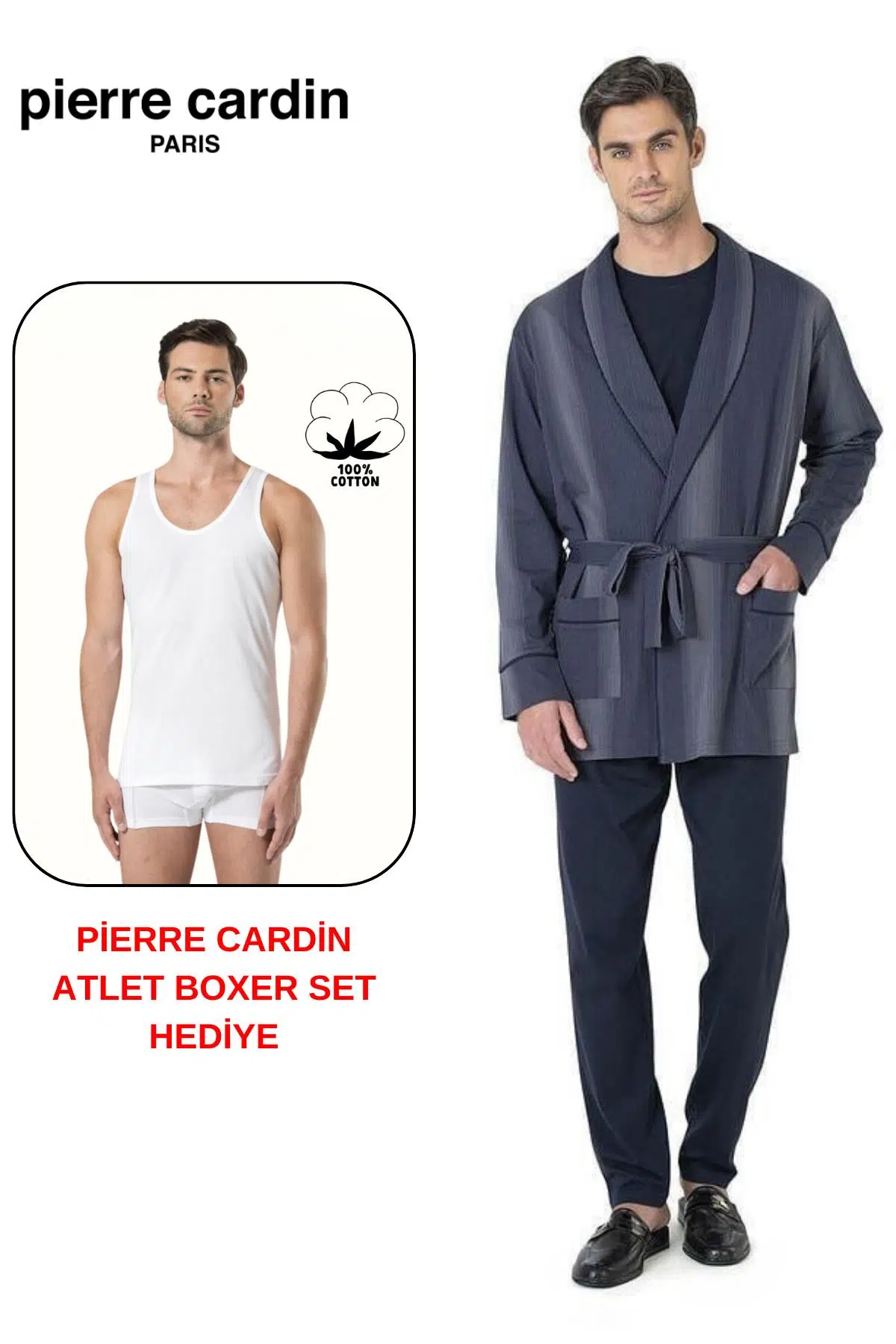 Pierre Cardin Premium Erkek 3'lü %100 Pamuklu Uzun Kollu Pijama Takım Çizgili Robdöşambırlı Damat Çeyiz Seti Atlet Boxer Hediyeli