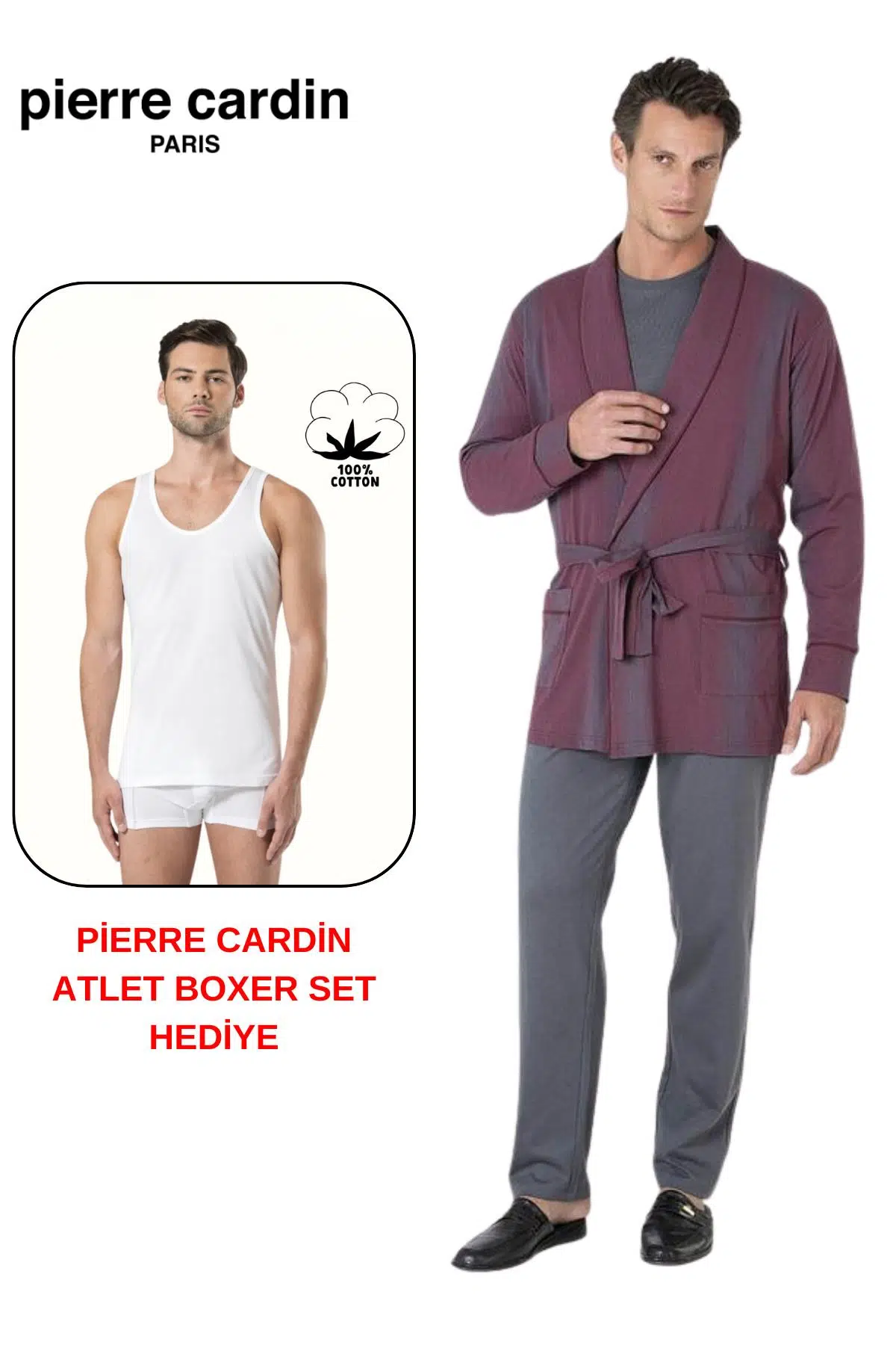 Pierre Cardin Premium Erkek 3'lü %100 Pamuklu Uzun Kollu Pijama Takım Çizgili Robdöşambırlı Damat Çeyiz Seti Atlet Boxer Hediyeli - BORDO