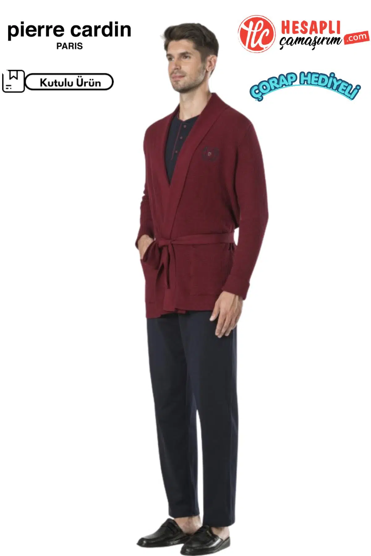 Pierre Cardin Premium Erkek Triko Ropdöşambırlı Uzun Kollu Şortlu 5li Özel Kutulu Çeyiz Pijama Takım - BORDO