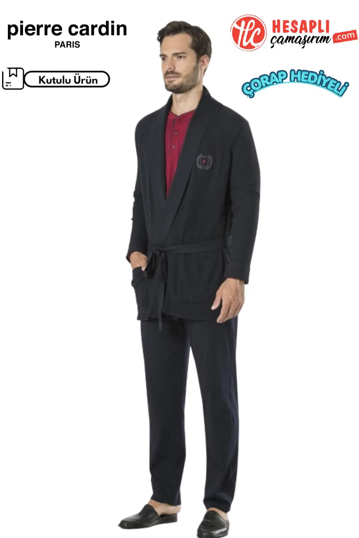 Pierre Cardin Premium Erkek Triko Ropdöşambırlı Uzun Kollu Şortlu 5li Özel Kutulu Çeyiz Pijama Takım - LACİVERT