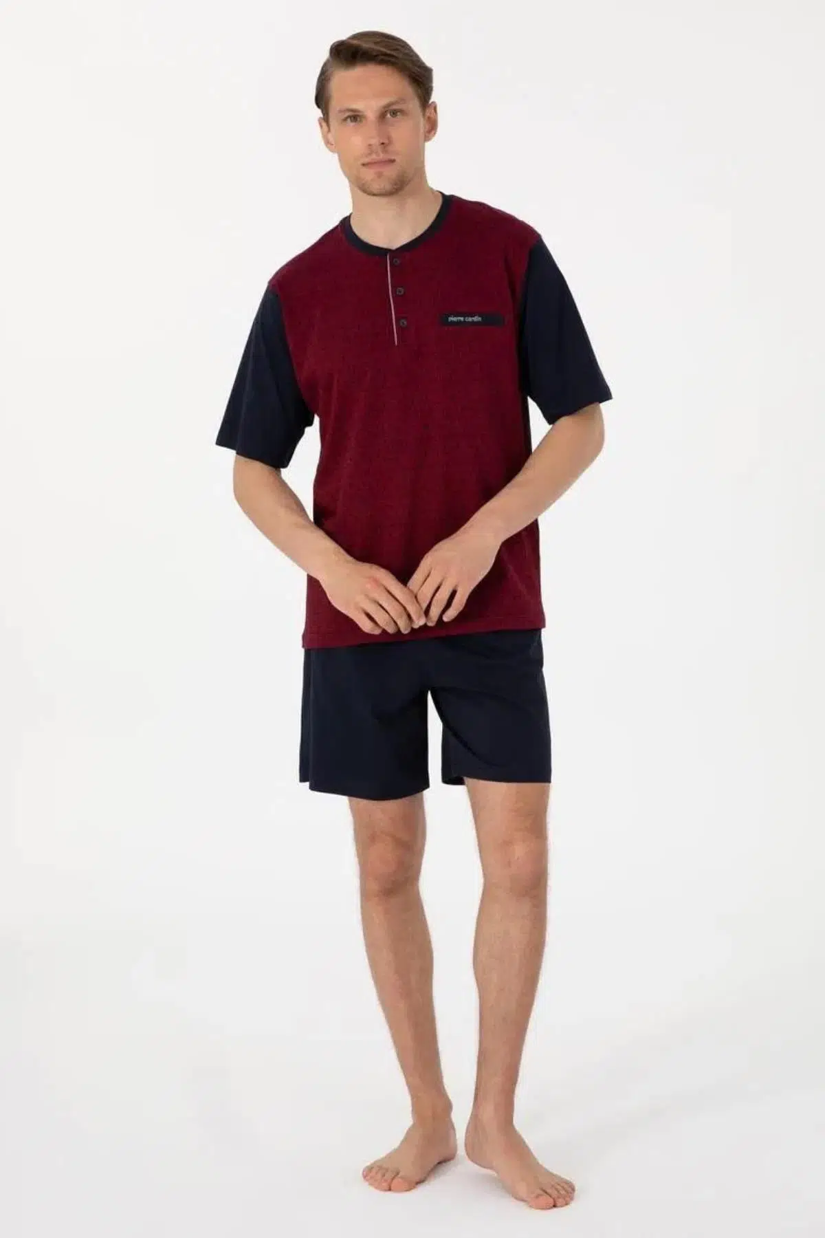 Pierre Cardin Erkek Kısa Kol 3'lü Şortlu Jakarlı Pijama Takım Kutulu Damat Çeyiz Set - BORDO