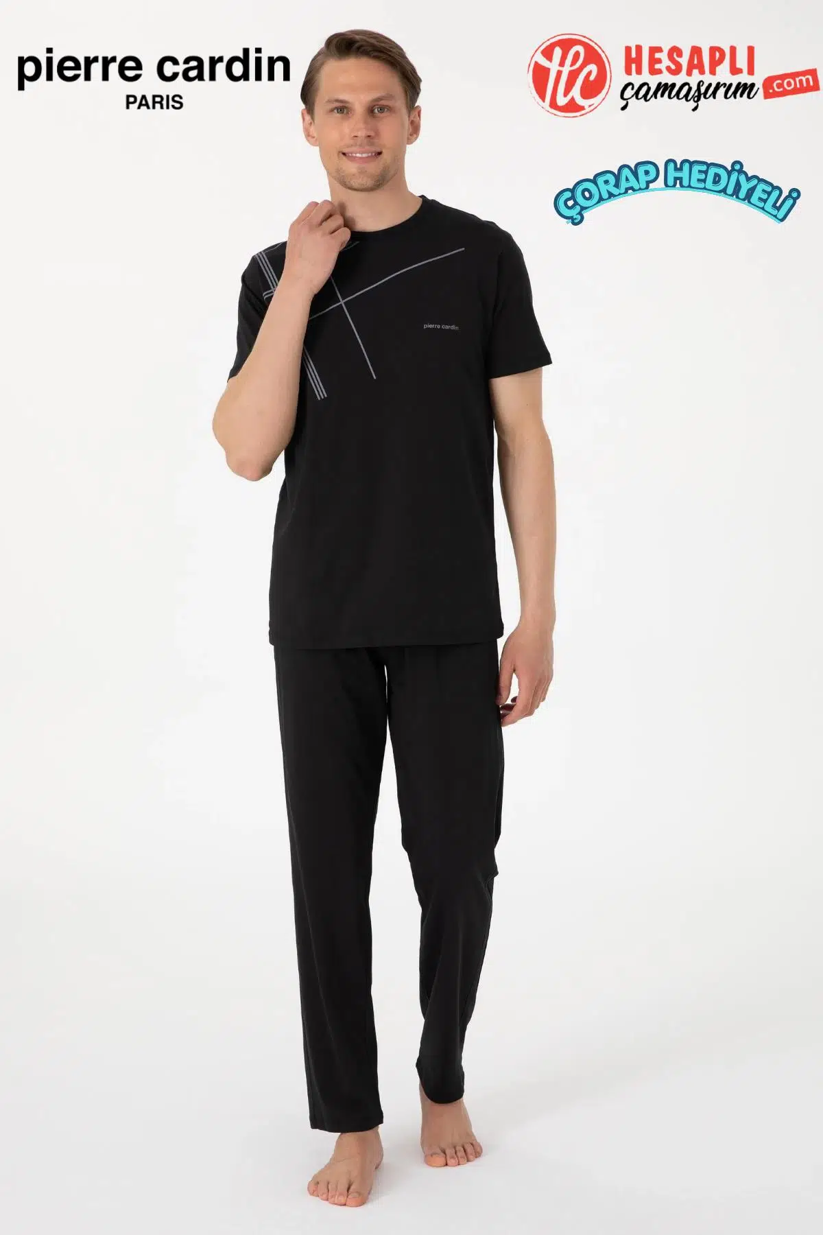 Pierre Cardin Paris Premium Erkek Bisiklet Yaka Rahat Kesim Pamuklu Kısa Kollu Gündelik Pijama Takım - SİYAH