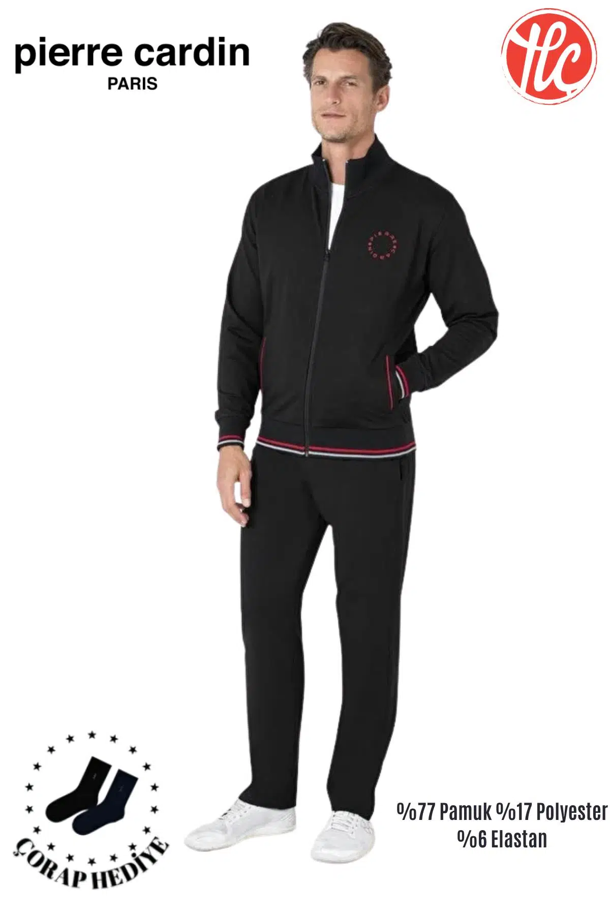 Pierre Cardin Erkek Regular Fit Pamuklu Fermuarlı Çizgi Detay Likralı Eşofman Takımı - SİYAH