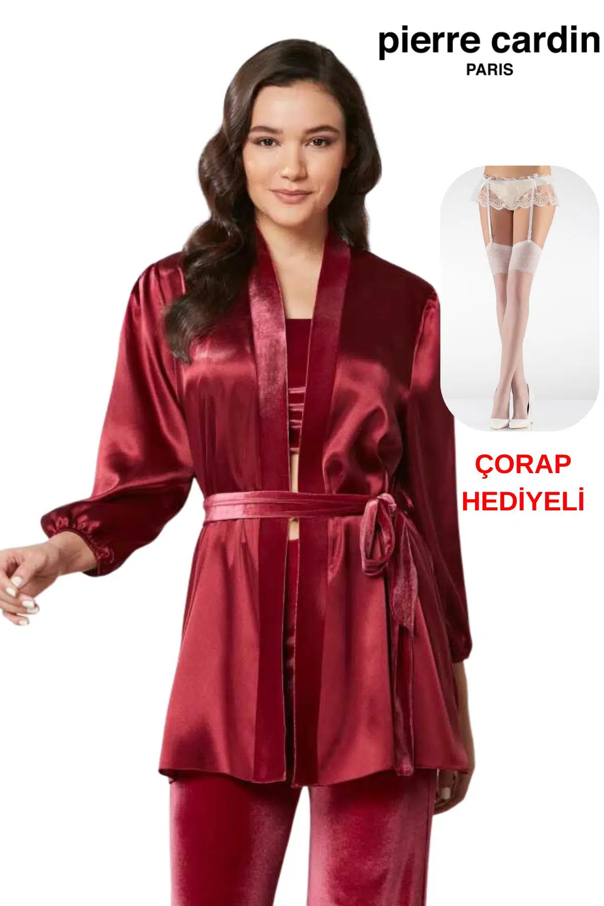 Pierre Cardin Kadın 3'lü Kadife Croplu Sabahlıklı Saten Pijama Takım Çorap Hediyeli - BORDO