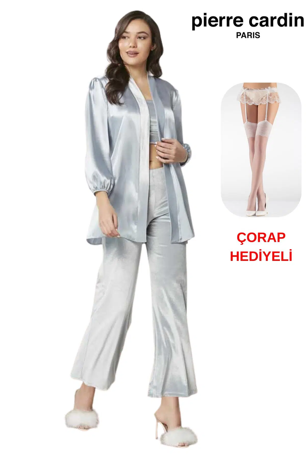 Pierre Cardin Kadın 3'lü Kadife Croplu Sabahlıklı Saten Pijama Takım Çorap Hediyeli - MİST