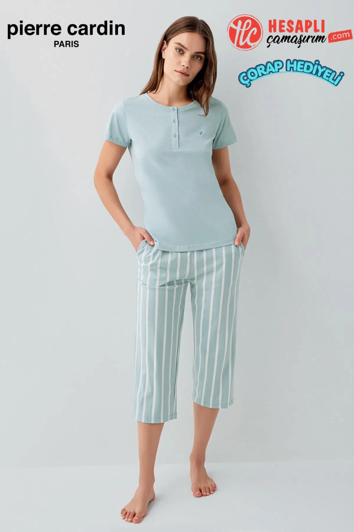 Pierre Cardin Kadın Büyük Beden Modal Pamuklu Rahat Kalıp Çizgili Kapri Kısa Kol Pijama Takım - YEŞİL