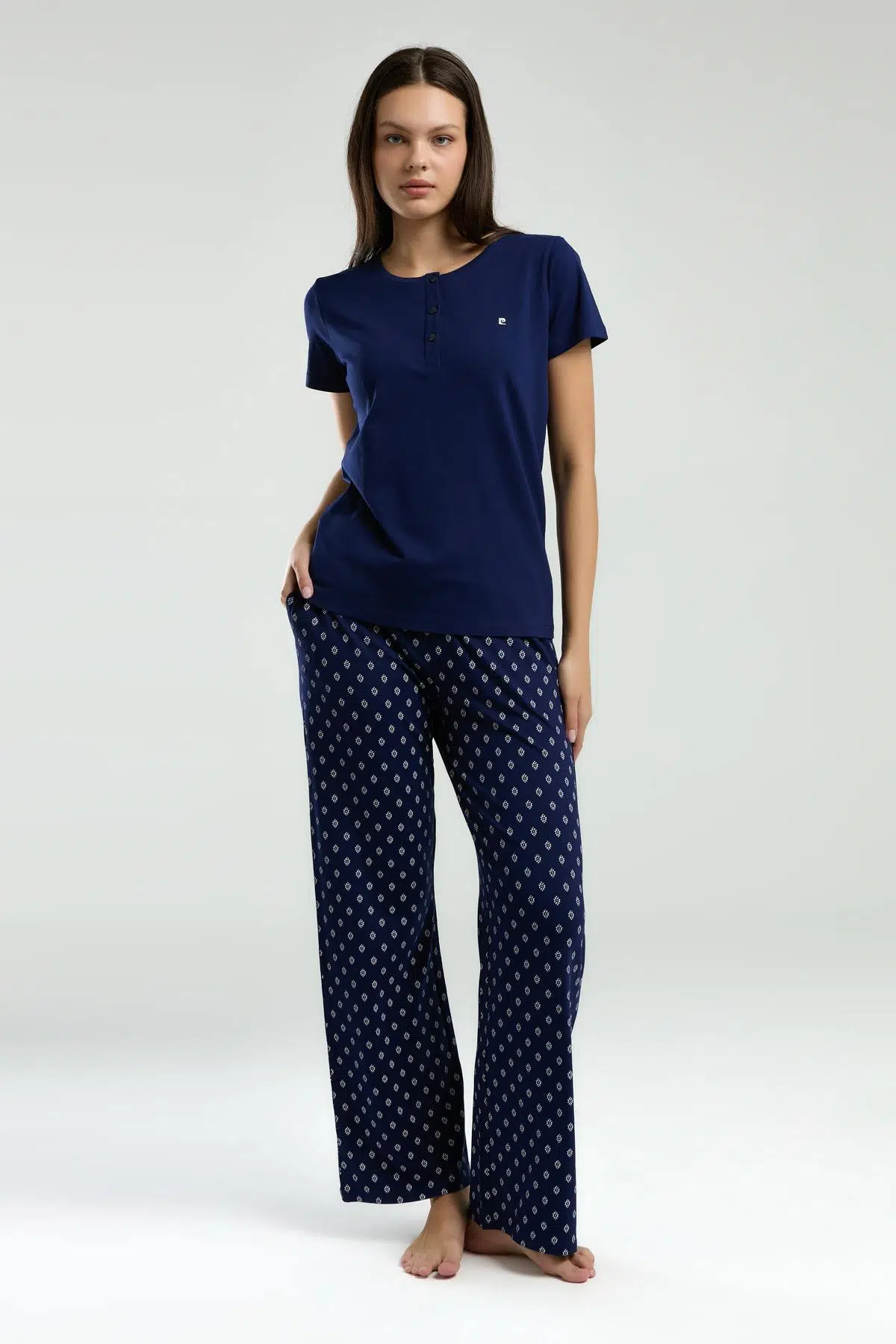 Pierre Cardin Kadın Düğmeli Hakim Yaka Lacivert Kısa Kol Pijama Takım - LACİVERT