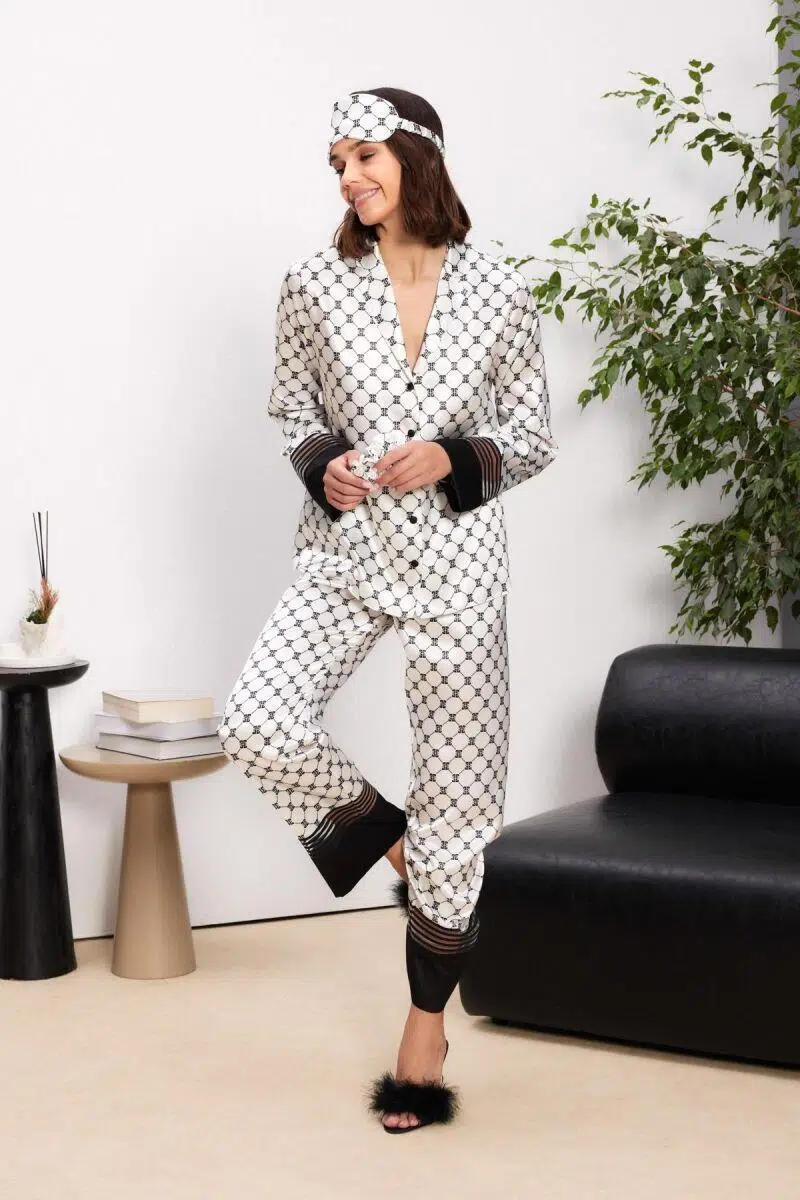 Pierre Cardin Kadın Önden Düğmeli Biyeli Saten Pijama Takımı - SİYAH