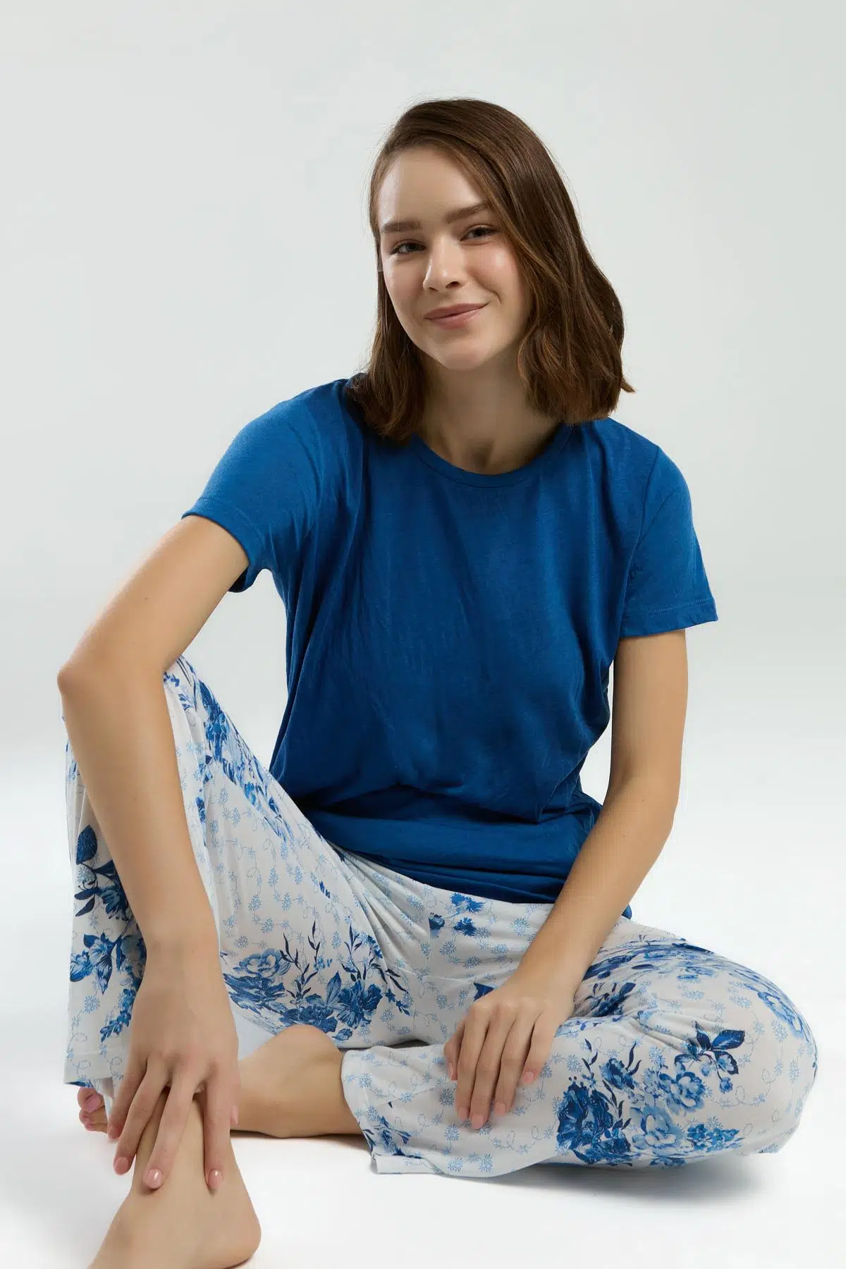 Pierre Cardin Kadın Saks Bisiklet Yaka Kısa Kol Desenli Pijama Takım - SAKS