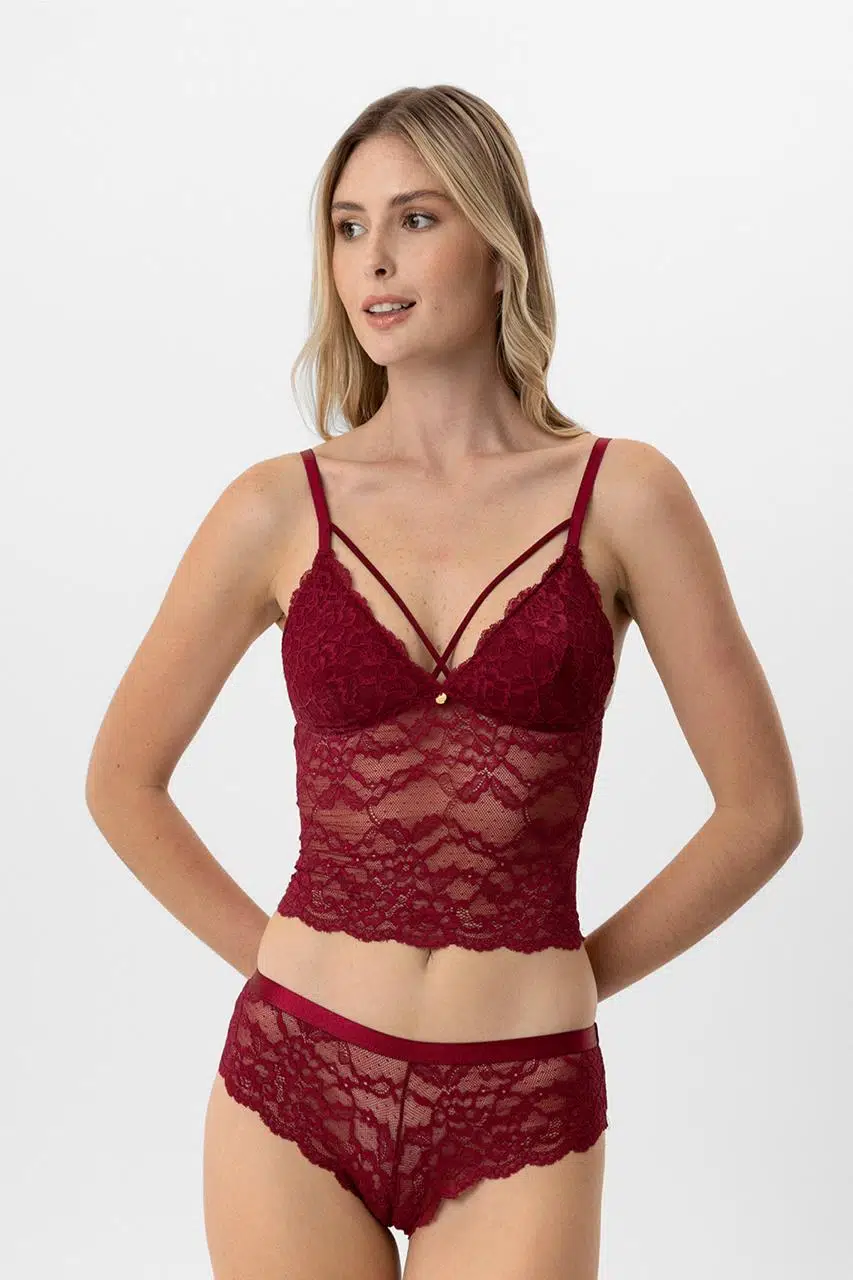 Pierre Cardin Lingerie Kadın Balensiz Dantelli Pedli Sütyen Takımı - BORDO