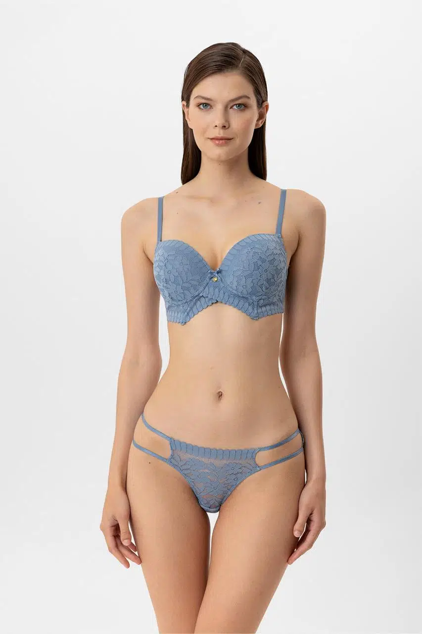 Pierre Cardin Lingerie Kadın Milan Push Up Dantelli Sütyen Tanga Takım - MAVİ