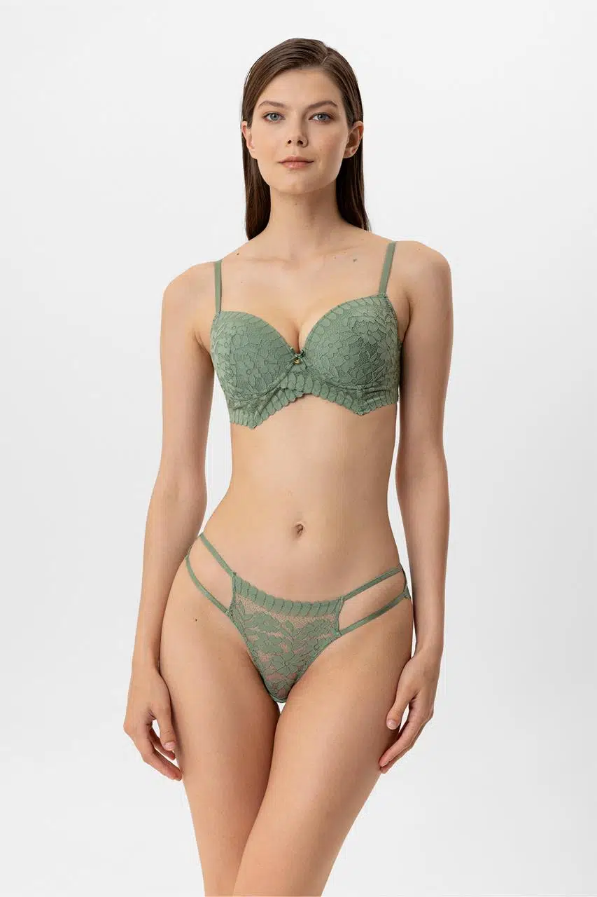 Pierre Cardin Lingerie Kadın Milan Push Up Dantelli Sütyen Tanga Takım - YEŞİL