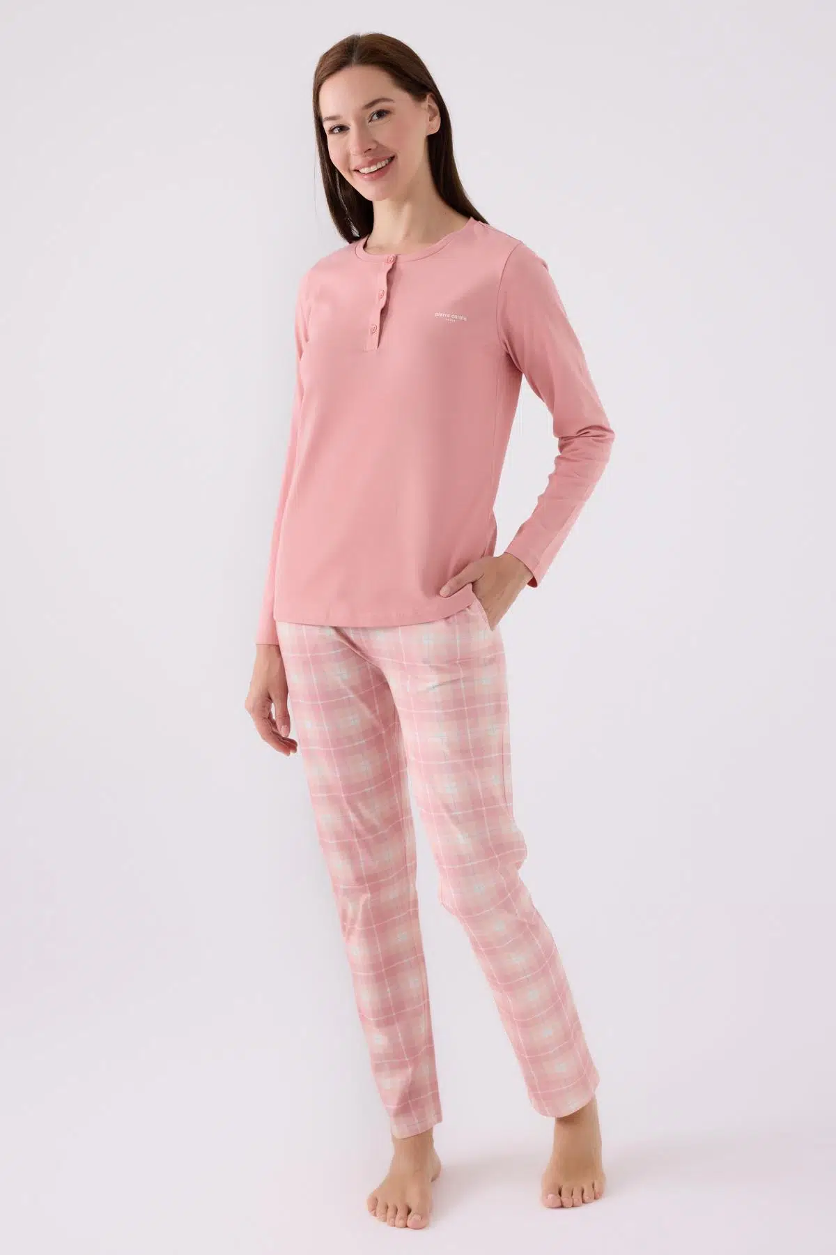 Pierre Cardin Paris 8918 Kadın Ekose Desen Düğmeli Yaka Uzun Kol Pijama Takım - PEMBE