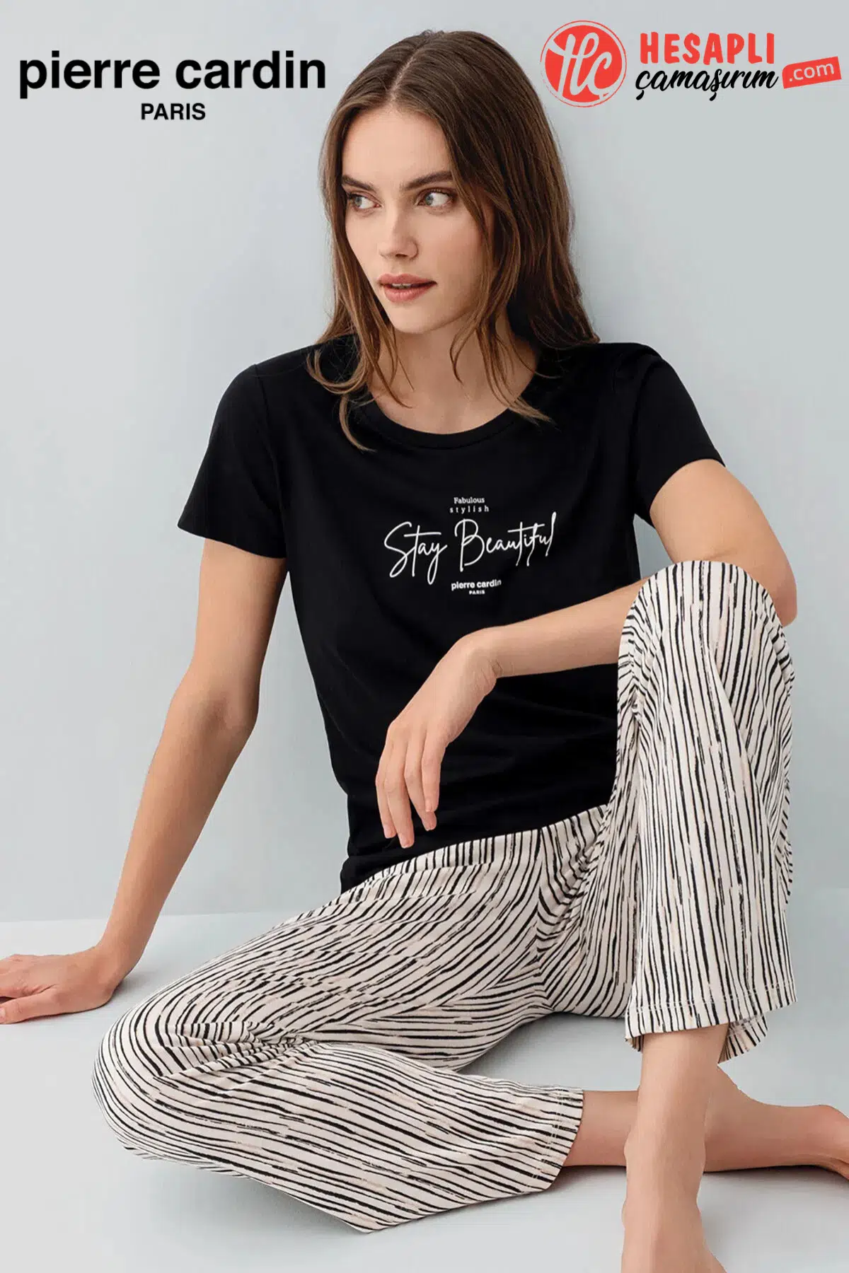 Pierre Cardin Paris Premium Büyük Beden Kadın Stay Beautiful Siyah Çizgili Kısa Kol Pijama Takım