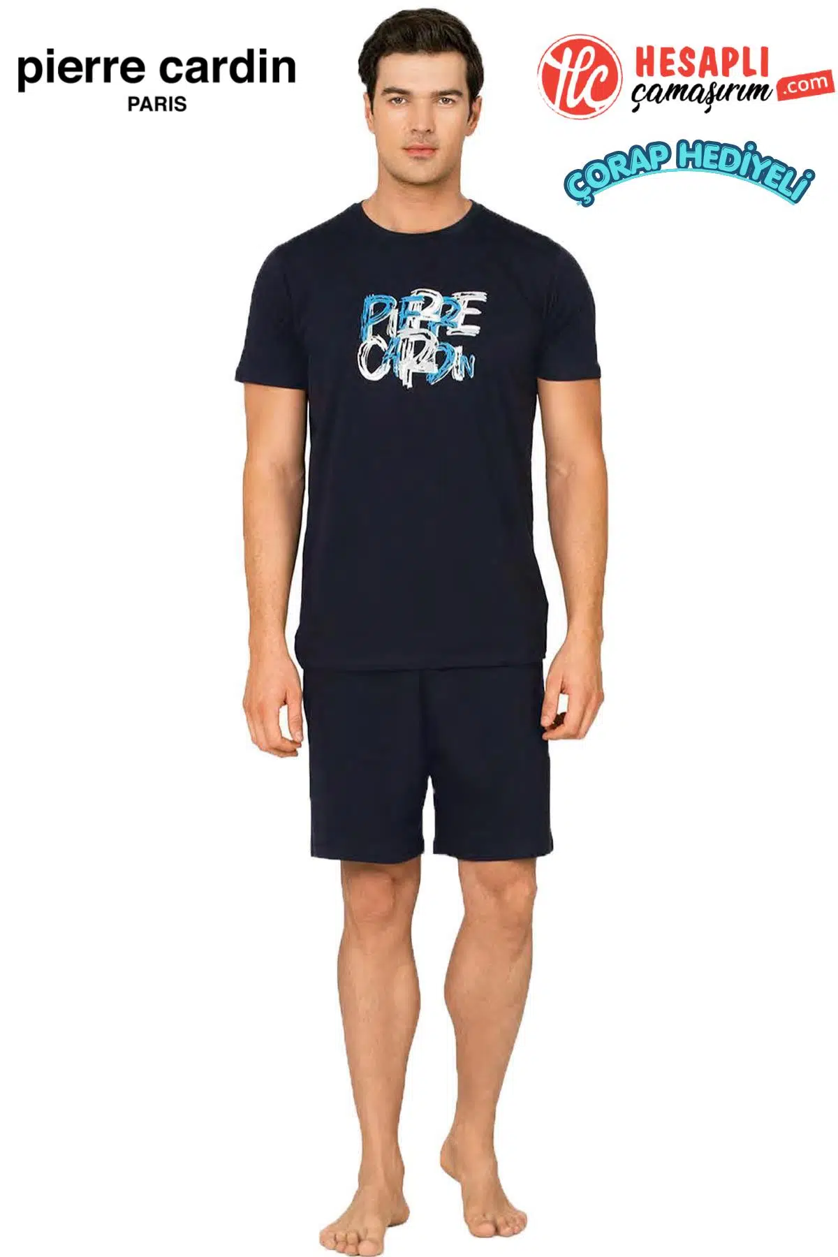 Pierre Cardin Paris Premium Erkek %100 Pamuk Baskılı Yazlık Rahat Kesim Şortlu Pijama Takımı - LACİVERT