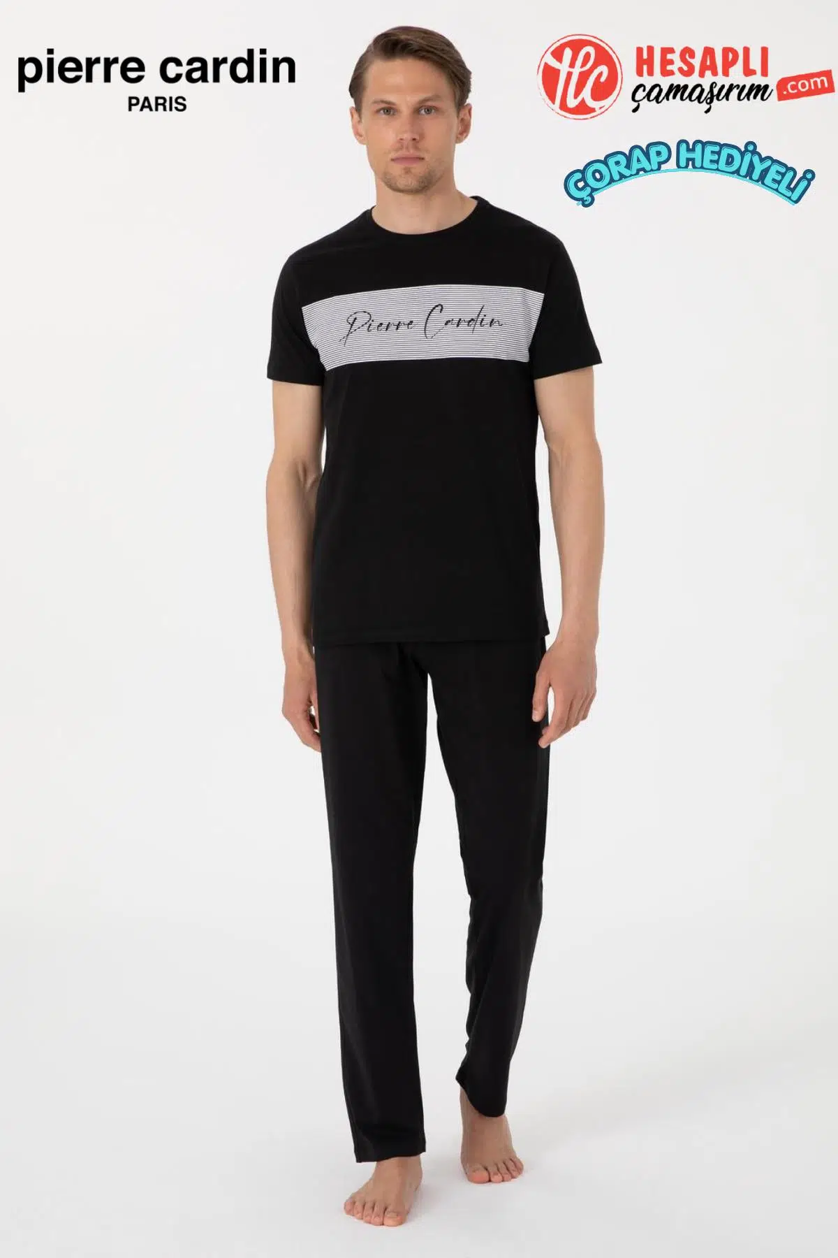 Pierre Cardin Paris Premium Erkek %100 Pamuklu Bisiklet Yaka Rahat Kalıp Kısa Kollu Pijama Takım