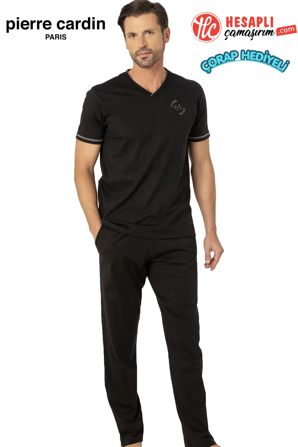 Pierre Cardin Paris Premium Erkek V Yaka Cepli %100 Pamuklu Penye Rahat Kalıp Kısa Kollu Pijama Takım