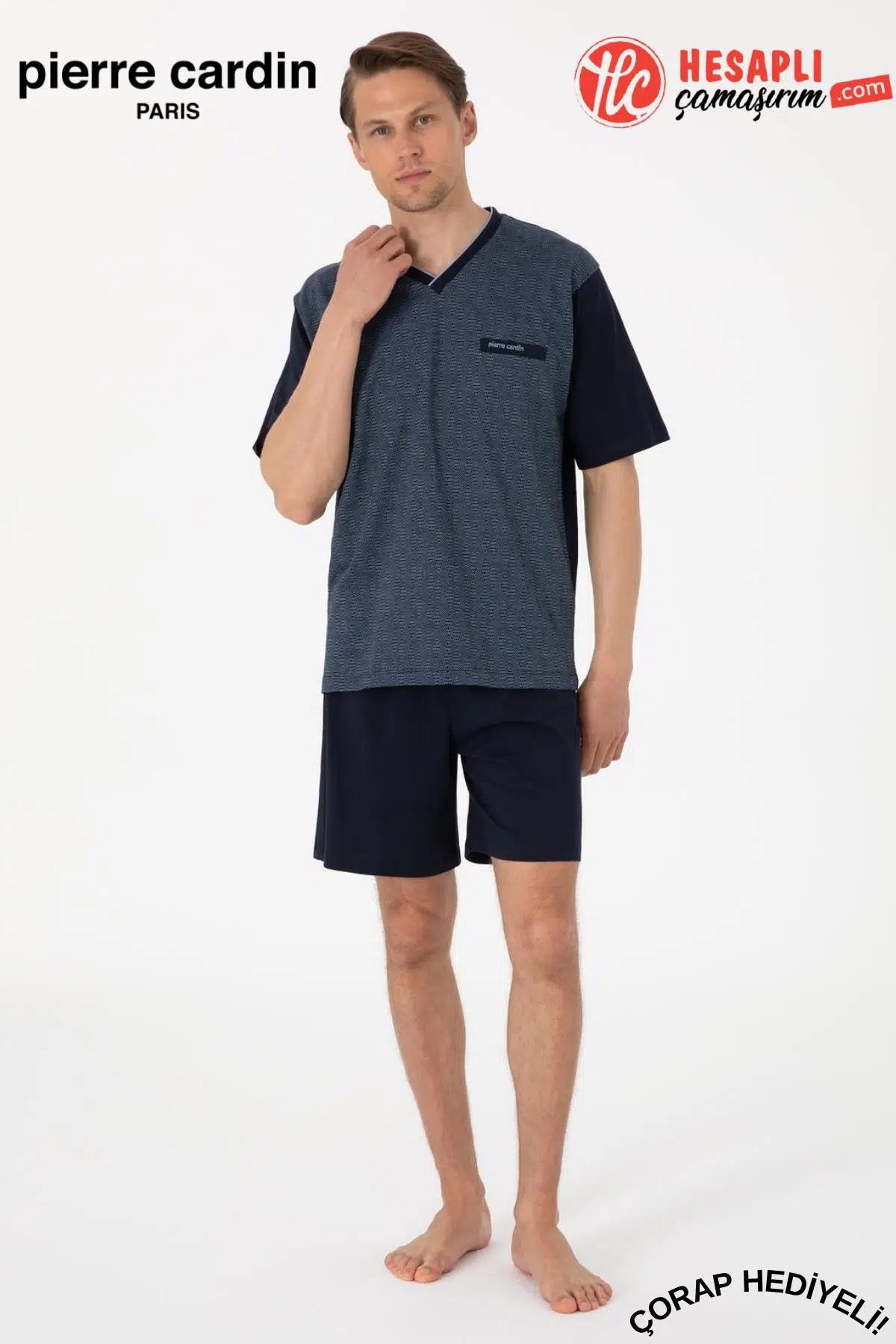 Pierre Cardin Paris Premium Erkek V Yaka Jakarlı %100 Pamuklu Kısa Kollu Şortlu Kutulu 3'lü Pijama Takım
