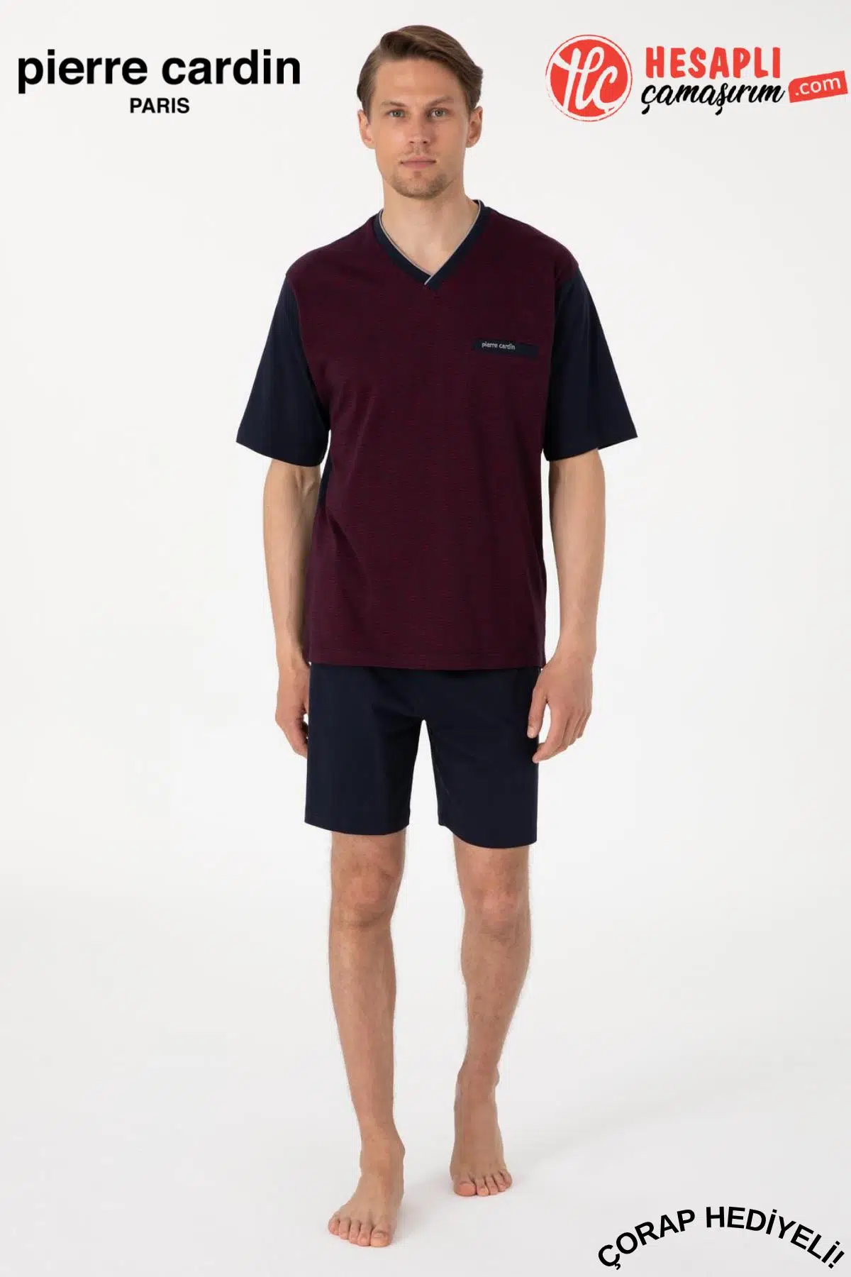 Pierre Cardin Paris Premium Erkek V Yaka Jakarlı %100 Pamuklu Kısa Kollu Şortlu Kutulu 3'lü Pijama Takım - BORDO