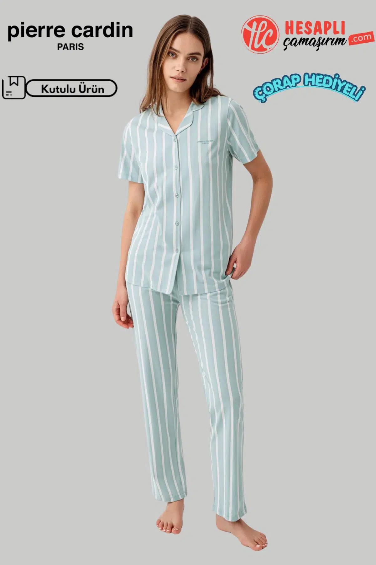 Pierre Cardin Paris Premium Kadın Modal Pamuklu Çizgili Önden Düğmeli Kısa Kollu Pijama Takım