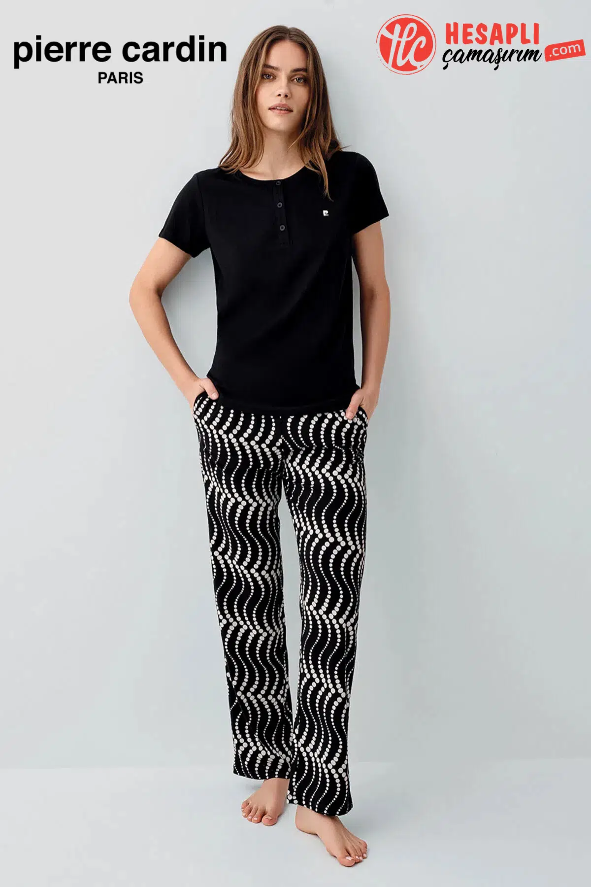 Pierre Cardin Paris Premium Kadın Rahat Modal Pamuklu Bisiklet Yaka Desenli Kısa Kol Pijama Takım