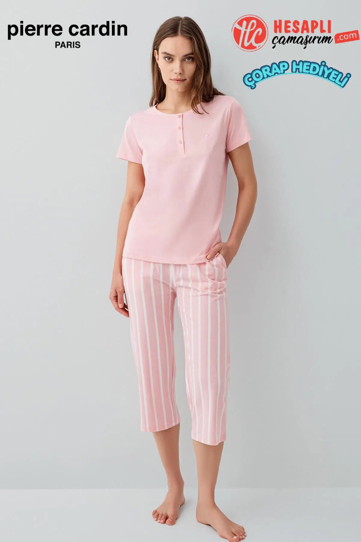 Pierre Cardin Paris Premium Kadın Modal Pamuklu Rahat Kalıp Çizgili Kapri Kısa Kol Pijama Takım
