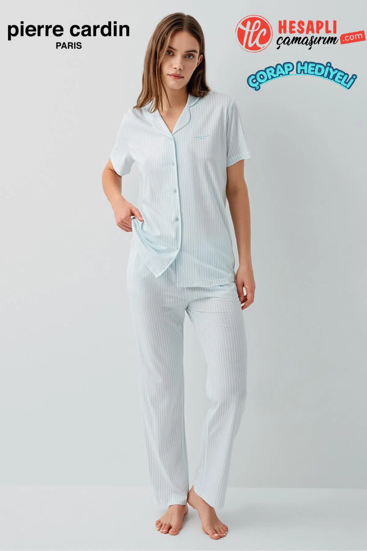 Pierre Cardin Paris Premium Kadın Modal Pamuklu Rahat Önden Düğmeli Kısa Kollu Kutulu Pijama Takım