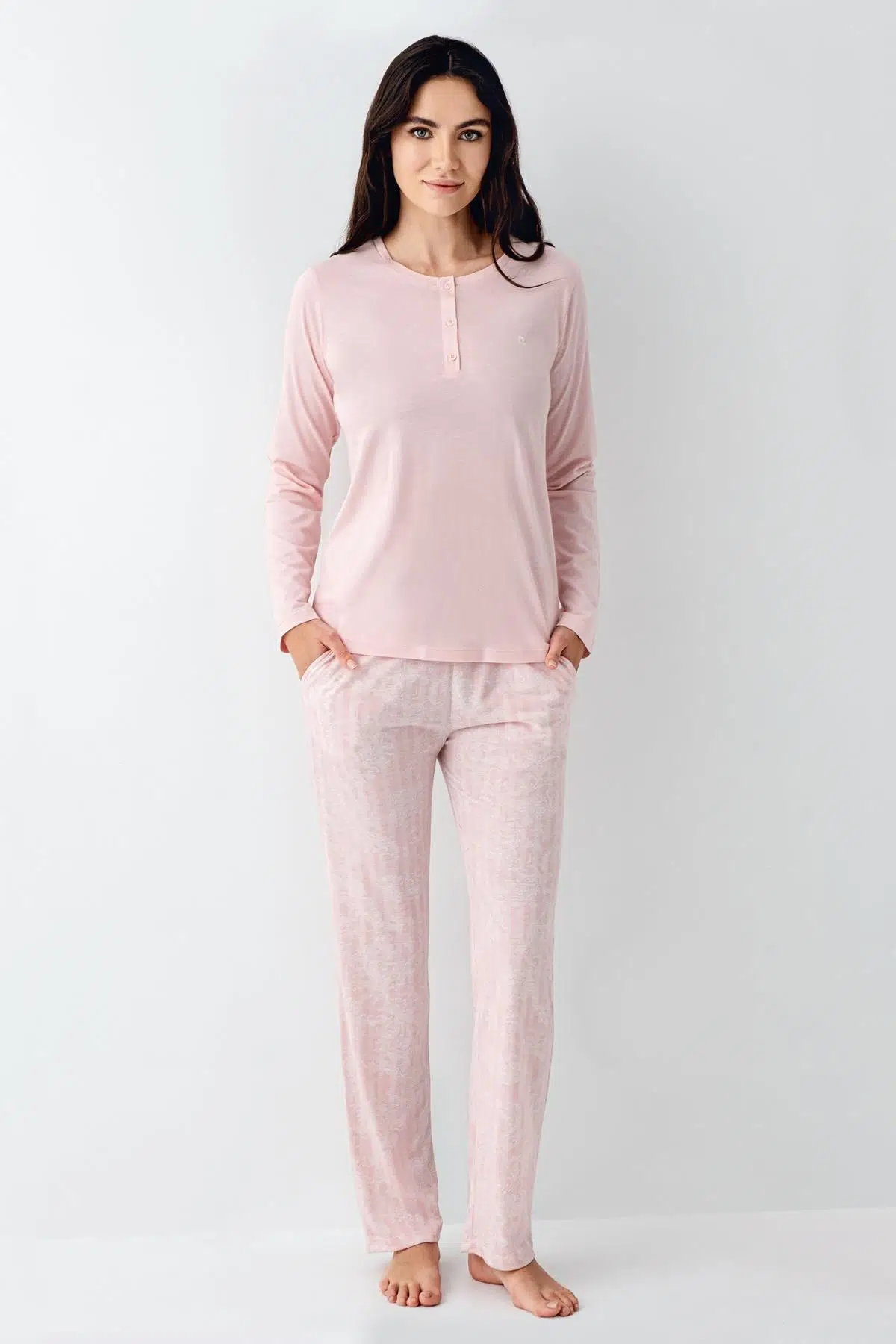 Pierre Cardin Paris Büyük Beden Kadın Pamuklu Modal Desenli Rahat Kalıp Uzun Kollu Pijama Takım