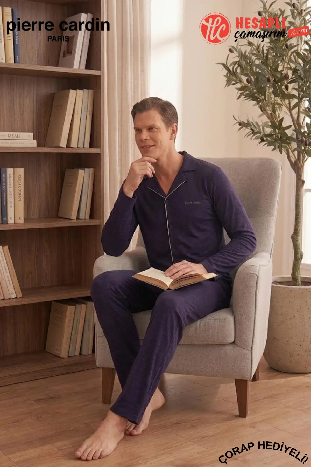 Pierre Cardin Premium Erkek %100 Pamuklu Klasik Yaka Rahat Kalıp Düğmeli Uzun Kollu Kutulu Çeyizlik Pijama Takım