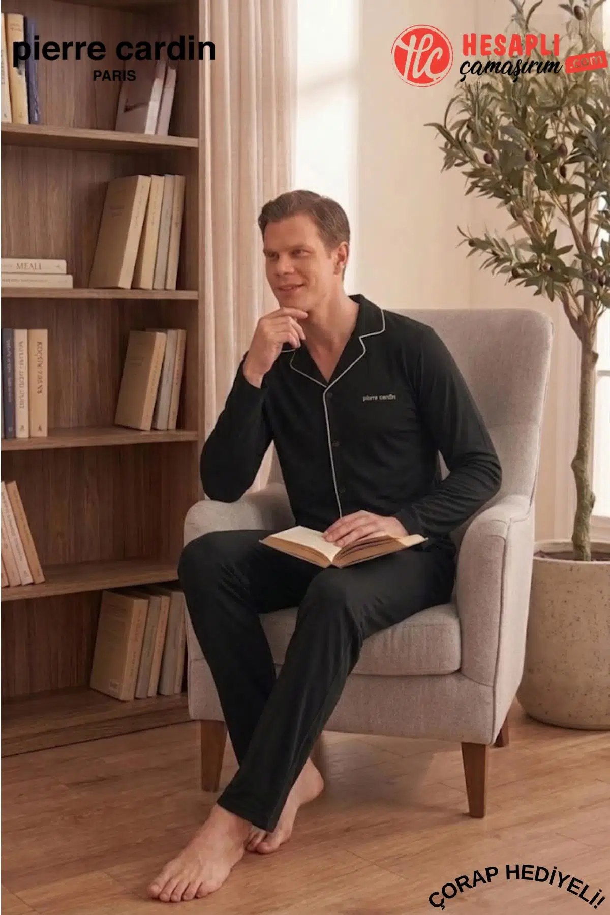 Pierre Cardin Premium Erkek %100 Pamuklu Klasik Yaka Rahat Kalıp Düğmeli Uzun Kollu Kutulu Çeyizlik Pijama Takım - SİYAH