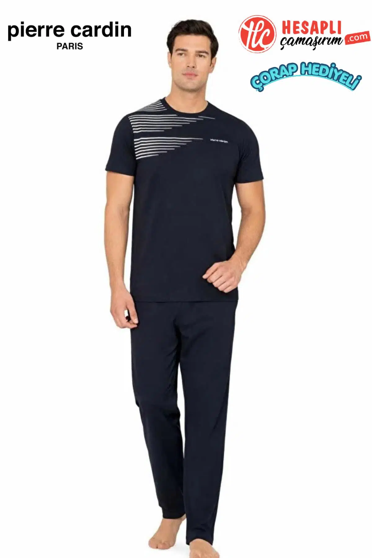 Pierre Cardin Paris Premium Erkek Bisiklet Yaka Pamuklu Rahat Kısa Kollu Pijama Takım Çorap Hediyeli