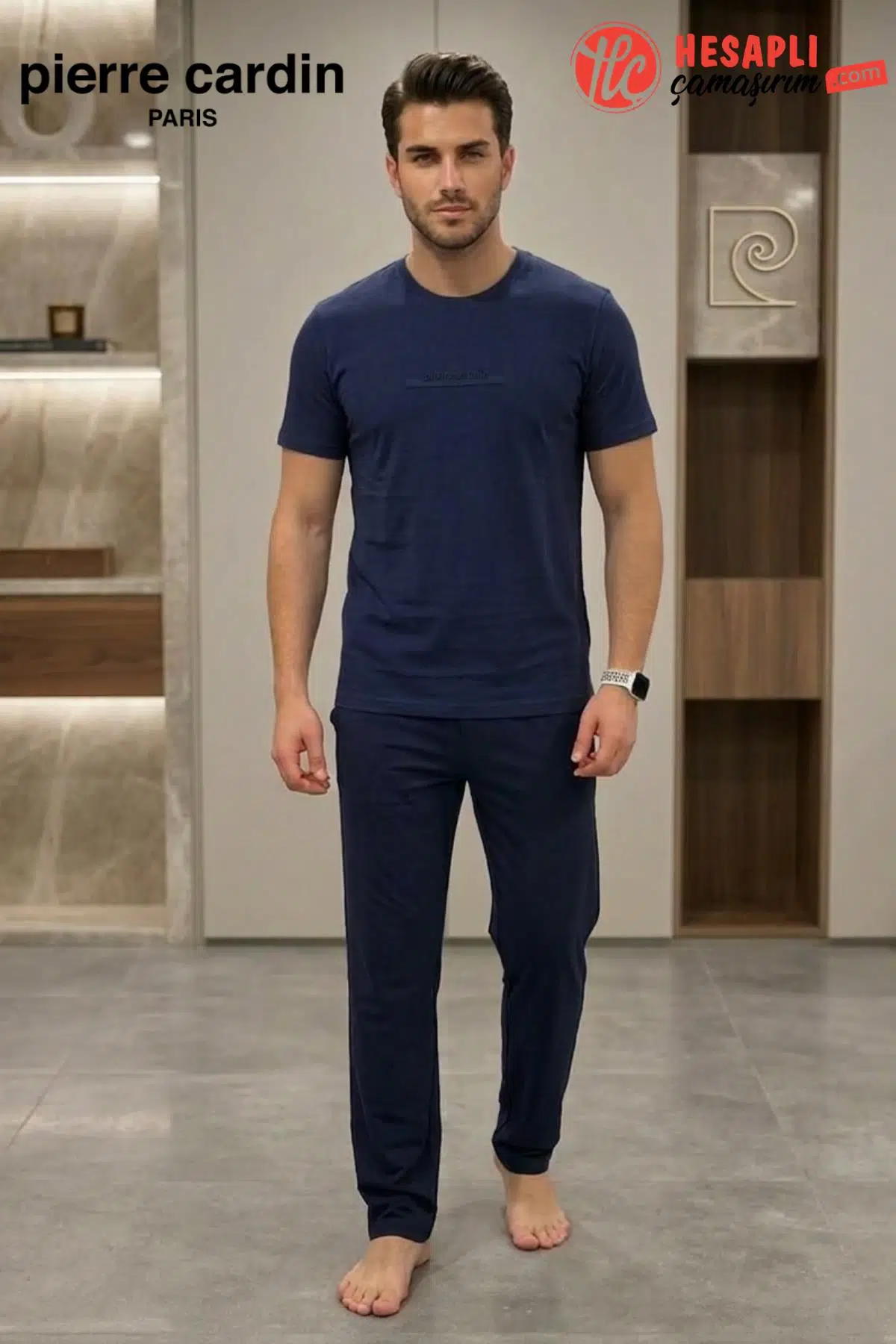 Pierre Cardin Premium Erkek Büyük Beden %100 Pamuklu Cepli Kısa Kollu Pijama Takım