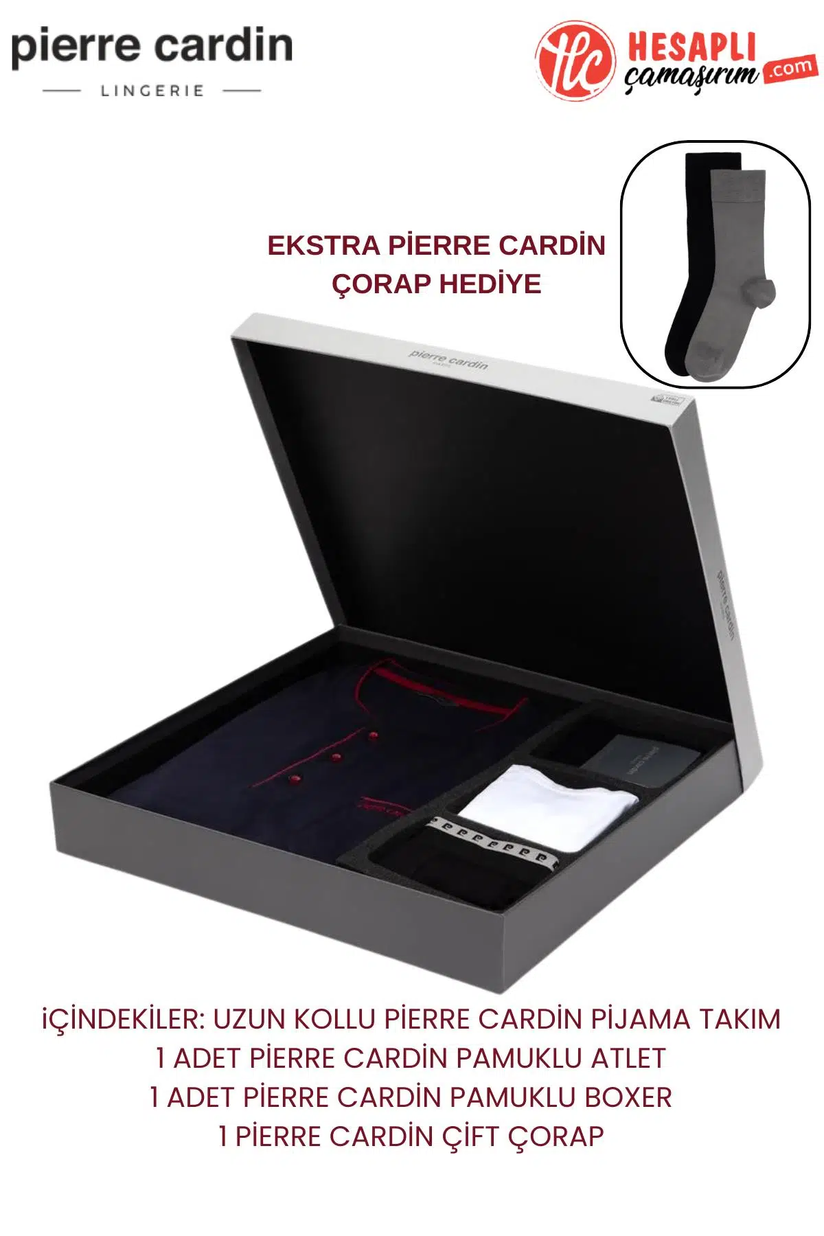 Pierre Cardin Premium Erkek Pamuklu Uzun Kollu Pijama Takım ve Atlet Boxer Çorap Damat Çeyiz Set Takım - LACİVERT
