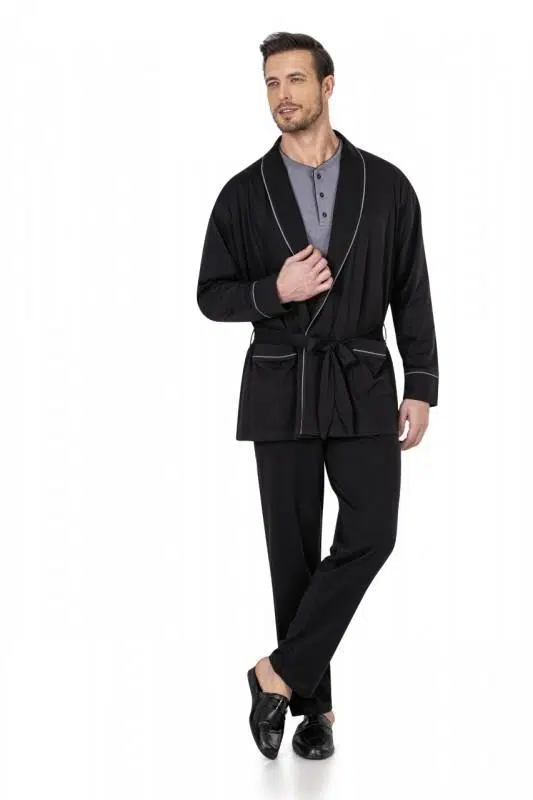 Pierre Cardin Robdöşambırlı Uzun Kollu Pijama Atlet Boxer Çorap Damat Çeyizlik Set - SİYAH