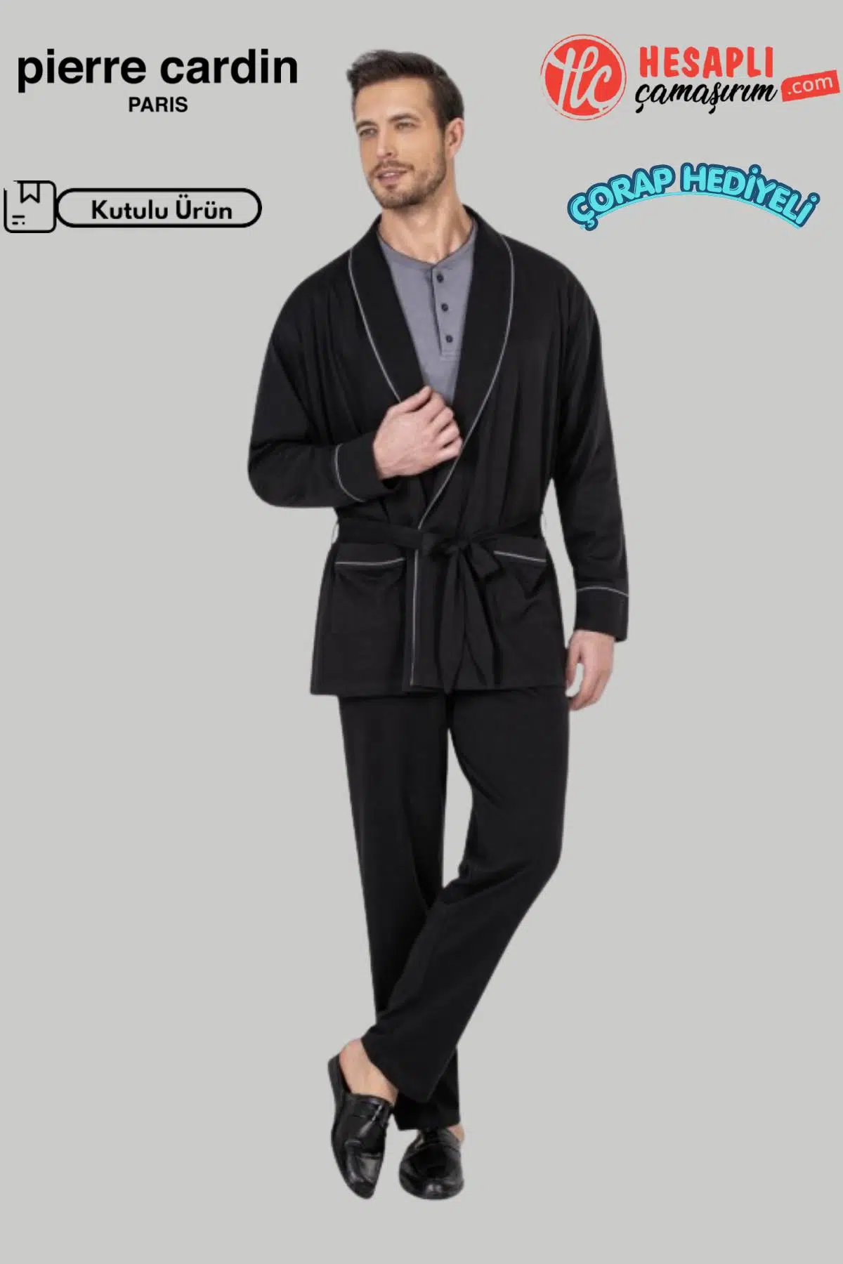 Pierre Cardin Premium Robdöşambırlı Pamuk Uzun Kollu Pijama Atlet Boxer Çorap Kutulu Damat Çeyiz Set