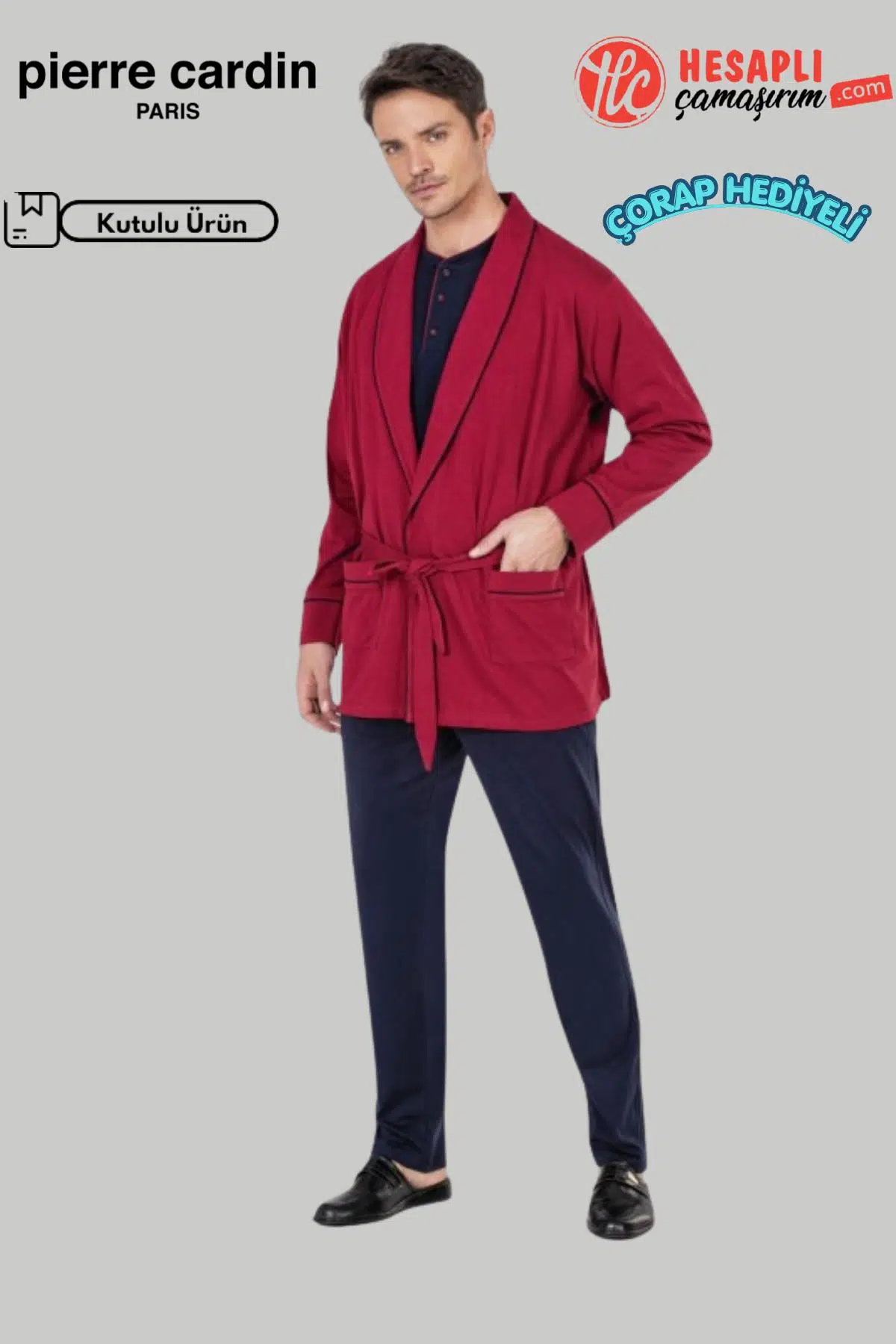 Pierre Cardin Premium Robdöşambırlı Pamuk Uzun Kollu Pijama Atlet Boxer Çorap Kutulu Damat Çeyiz Set - LACİVERT