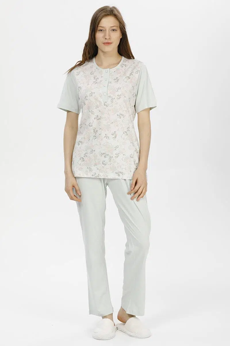 Pijadore 1206 Kadın Kısa Kol Çiçek Desen Pijama Takımı - YEŞİL