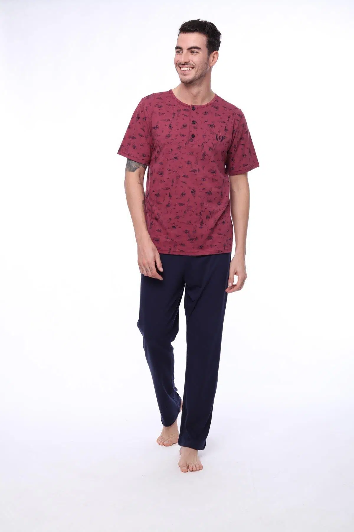 Pijadore 1402 Erkek Yuvarlak Yaka Düğmeli Kısa Kollu Pijama Takım - BORDO