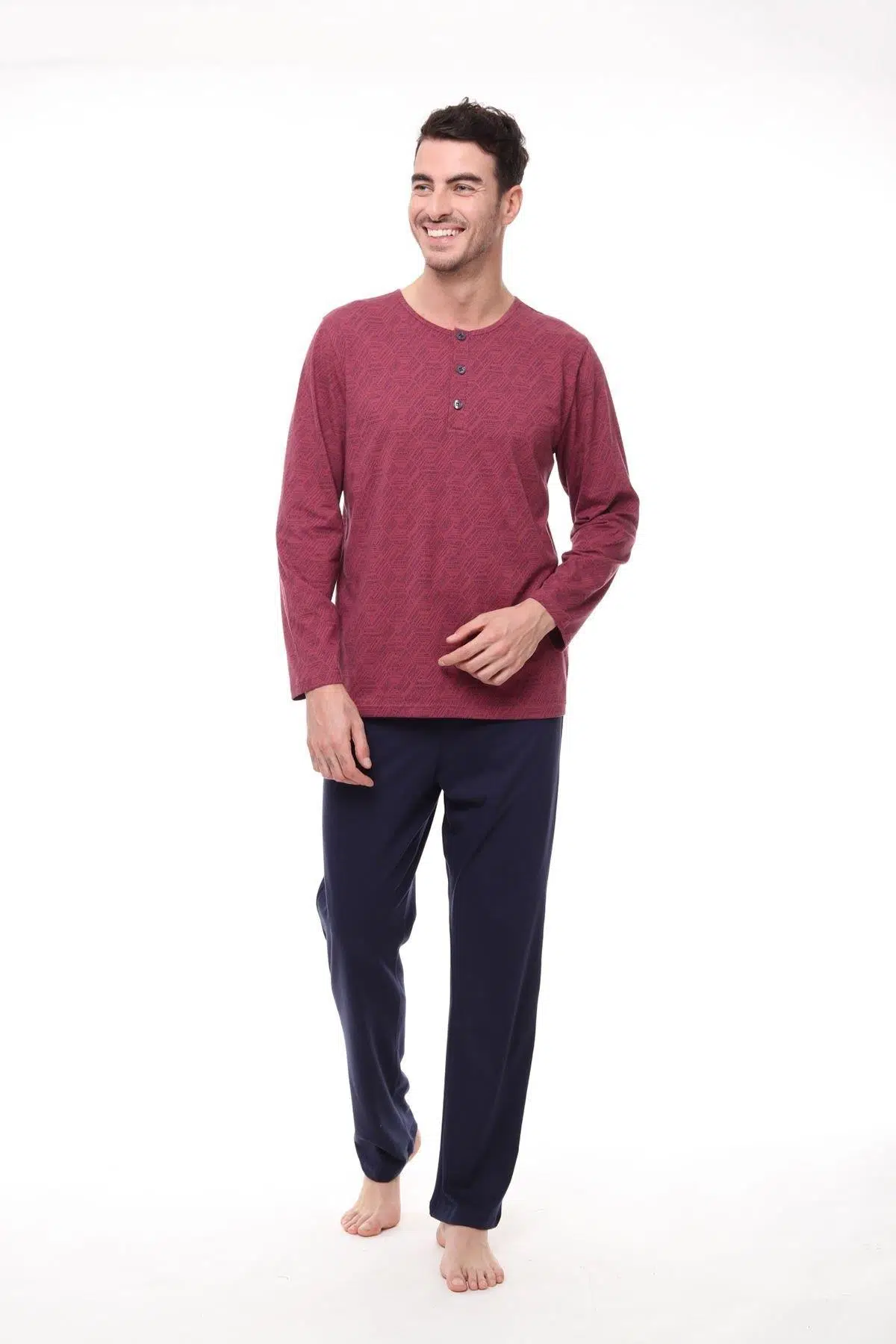 Pijadore 1404 Erkek Uzun Kollu Düğmeli Pijama Takım - BORDO