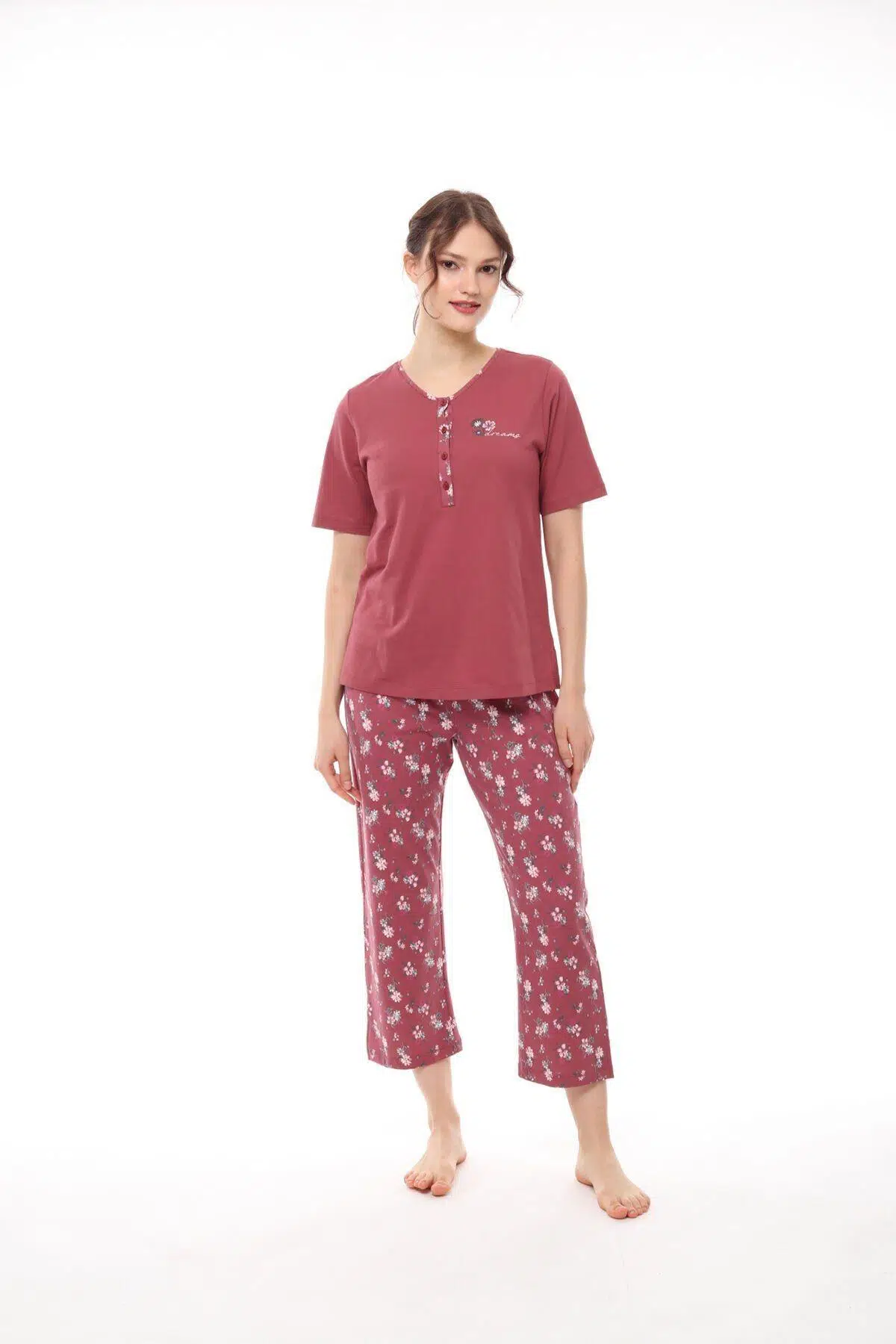 Pijadore 1434 Kadın Kısa Kollu Yakası Düğmeli Pijama Takım - BORDO