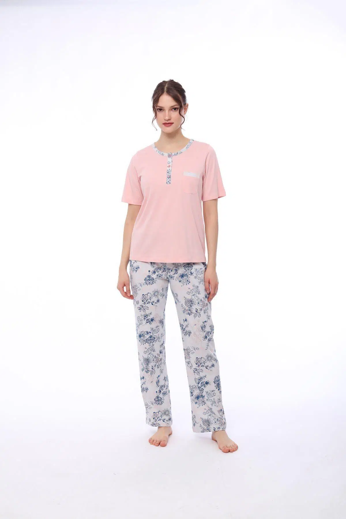 Pijadore 1444 Kadın Çiçekli Cepli Kısa Kollu Pijama Takım - PEMBE