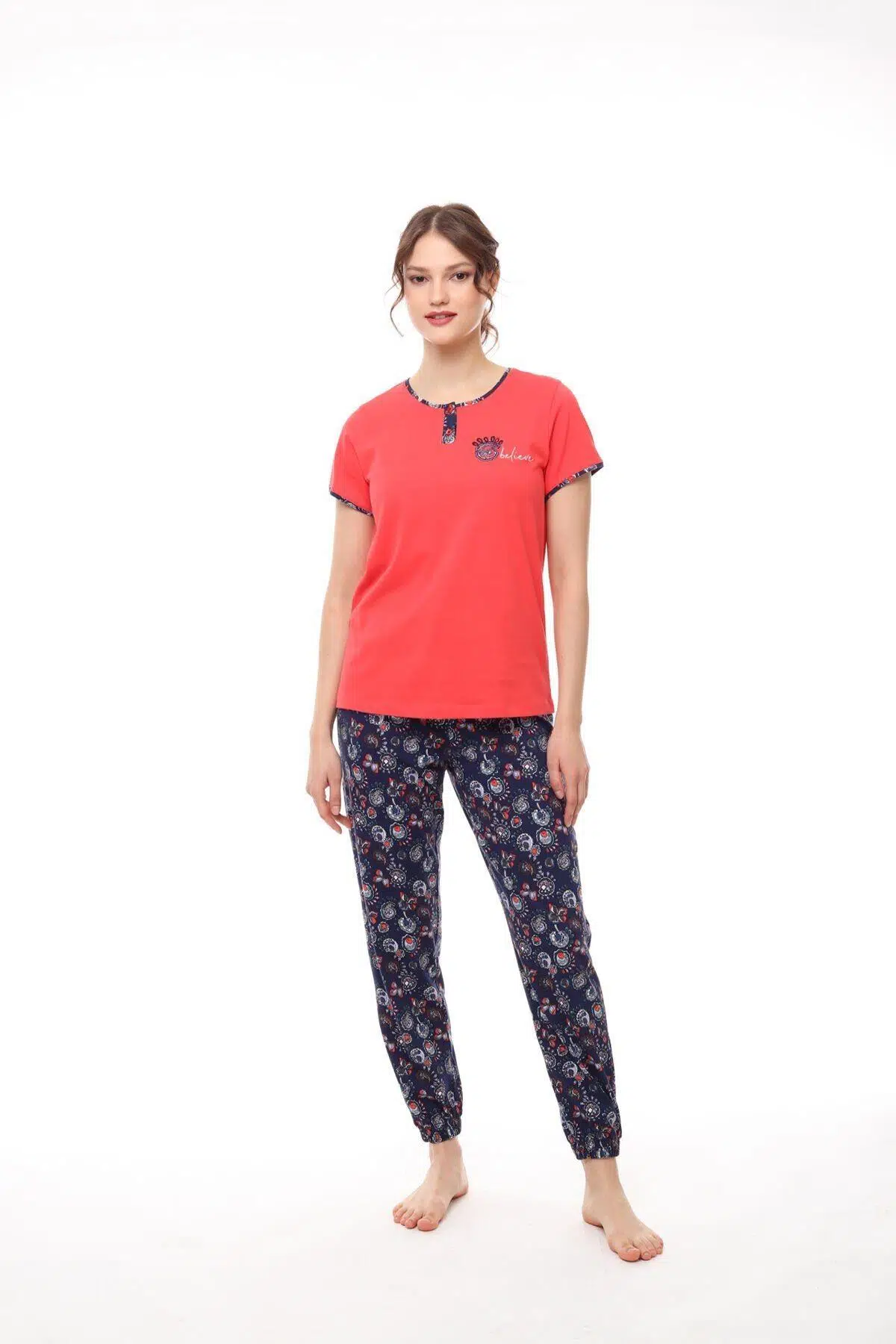 Pijadore 1448 Kadın Kısa Kollu Manşetli Pijama Takım - NAR ÇİÇEĞİ
