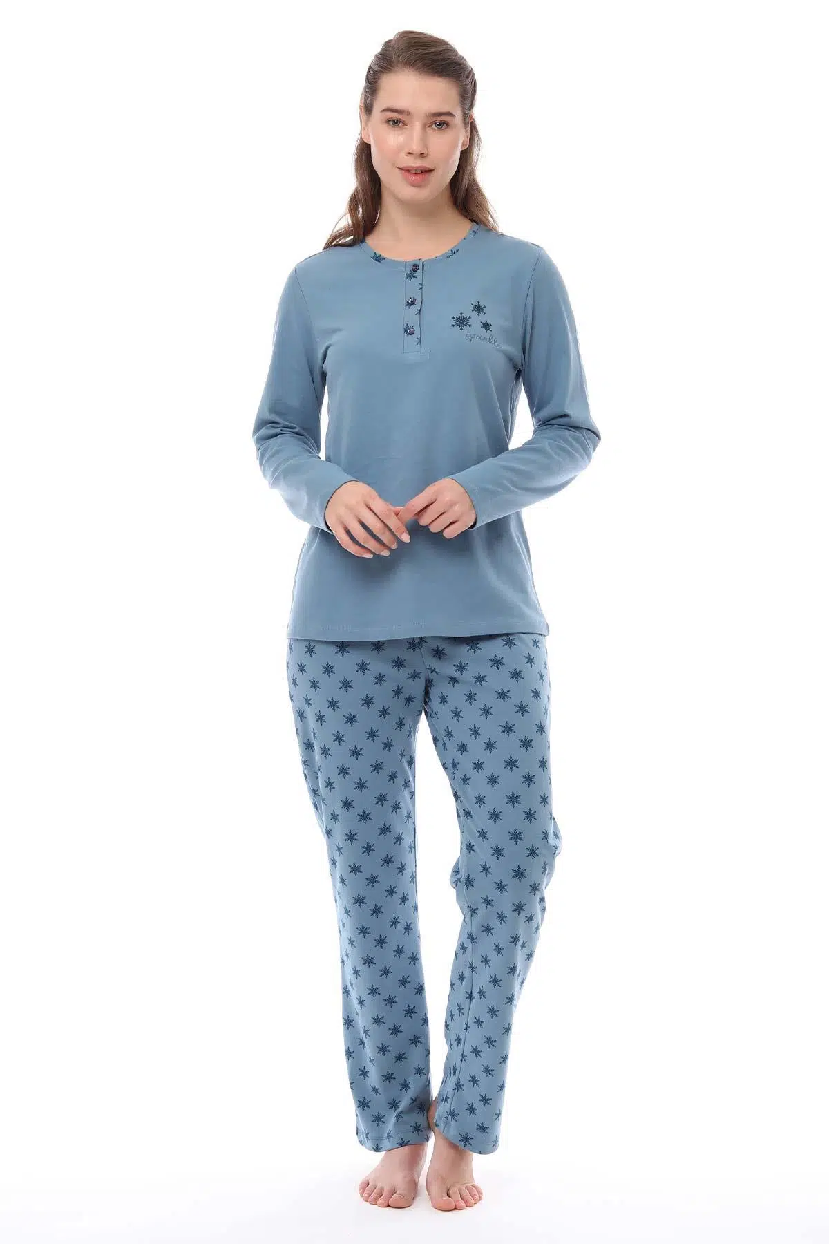 Pijadore 1536 Kadın Üç Düğmeli Pijama Takımı Uzun Kol Büyük Beden - MAVİ