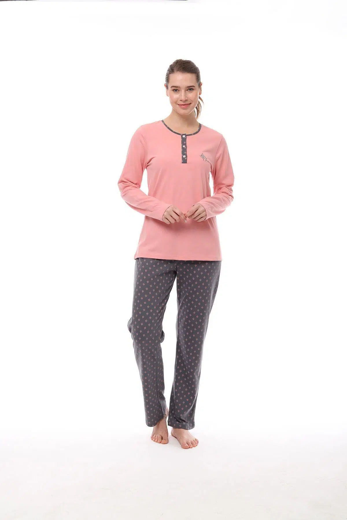 Pijadore 1538 Kadın Yaka Düğmeli Uzun Kollu Pijama Takım - SOMON