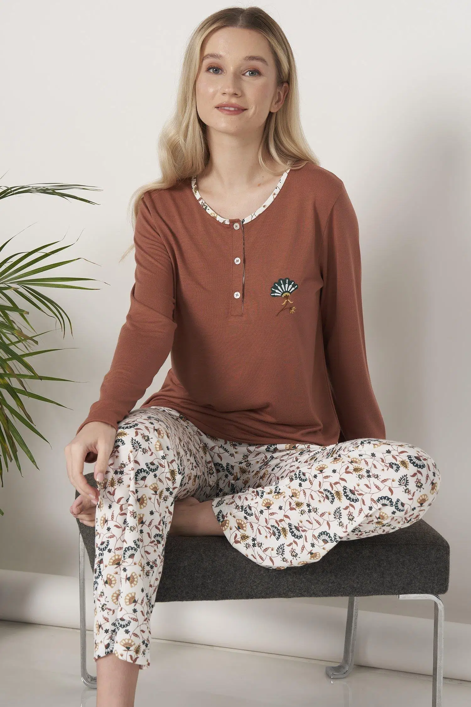 Pijadore 1618 Kadın Uzun Kollu Pijama Takım - KAHVERENGİ