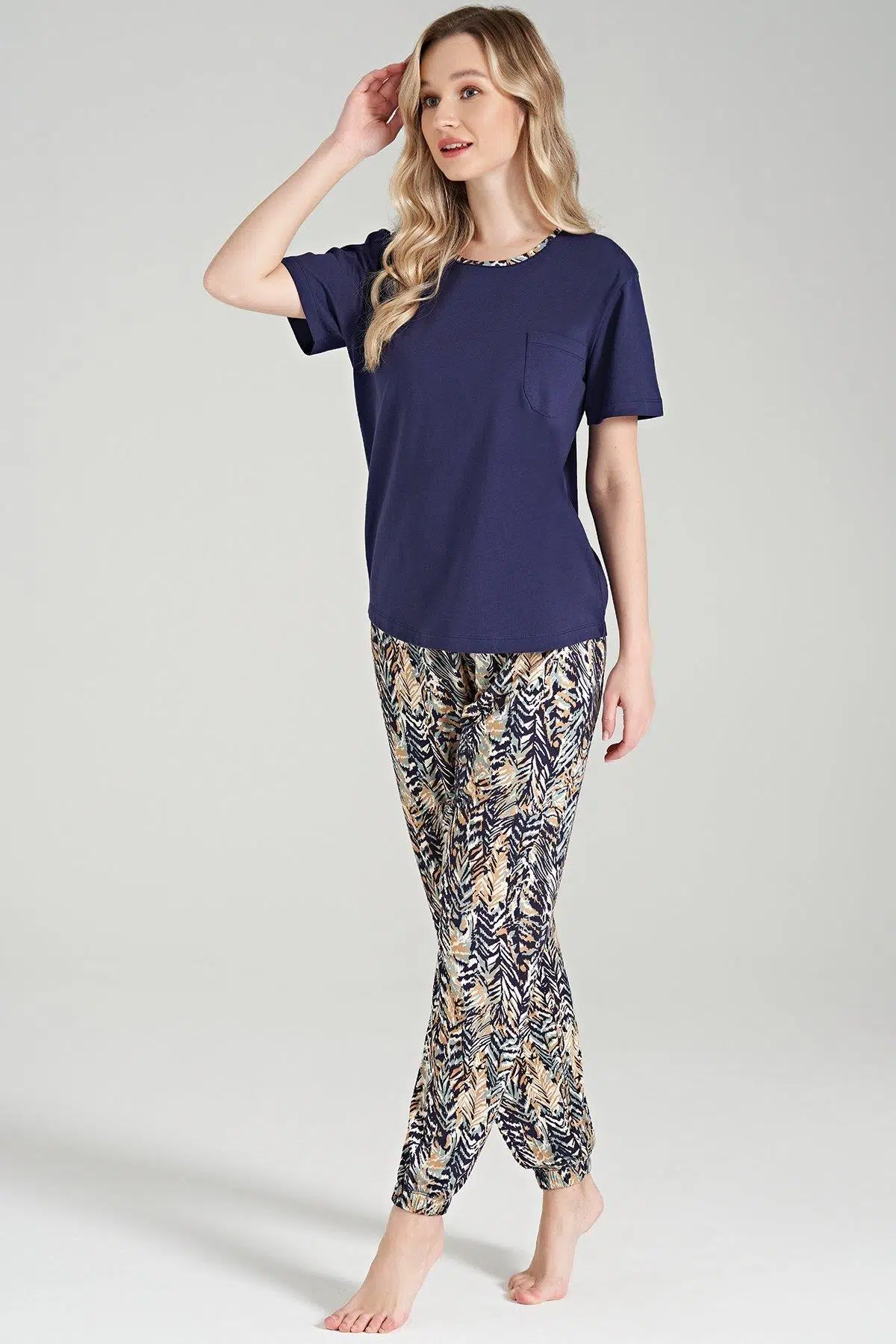 Pijadore 1656 Kadın Yuvarlak Yaka Kısa Kol Pijama Takım - LACİVERT