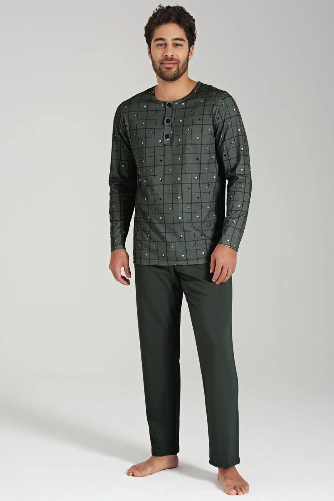 Pijadore 1685 Erkek Yaka Düğmeli Uzun Kol Pijama Takım - ANTRASİT
