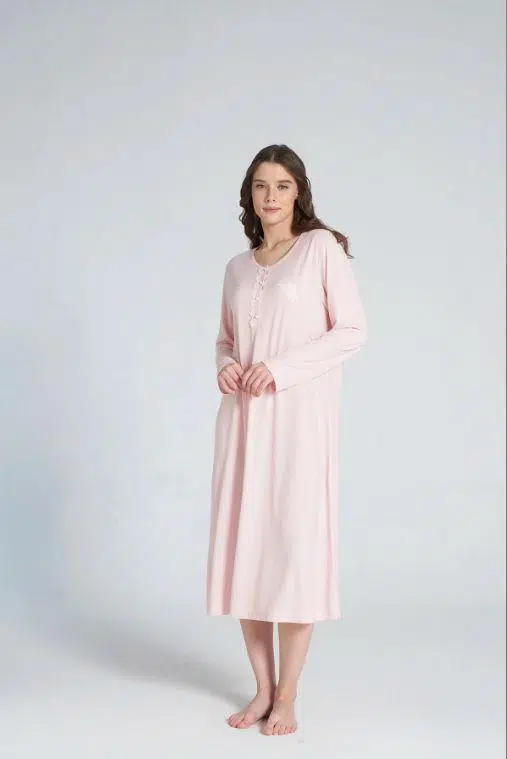 Pijadore 1705 Melisa Kadın Uzun Kollu Düğmeli Uzun Gecelik - PEMBE