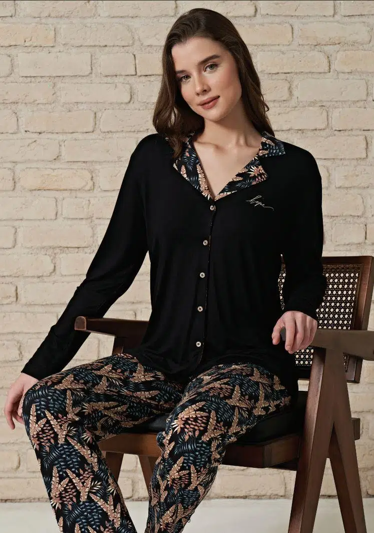 Pijadore 1709 Kadın Önden Düğmeli Uzun Kol Pijama Takım - SİYAH