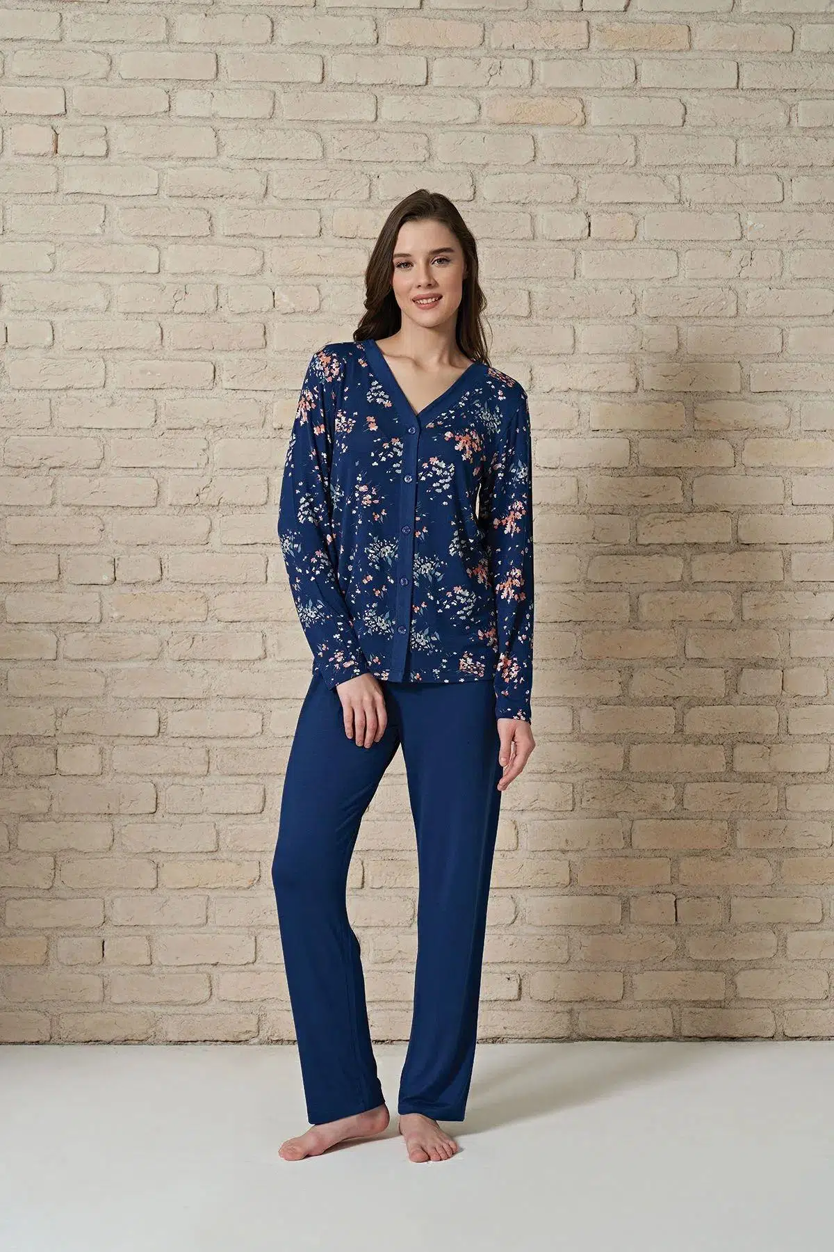 Pijadore 1729 Kadın Önden Düğmeli Uzu Kol Pijama Takım - LACİVERT